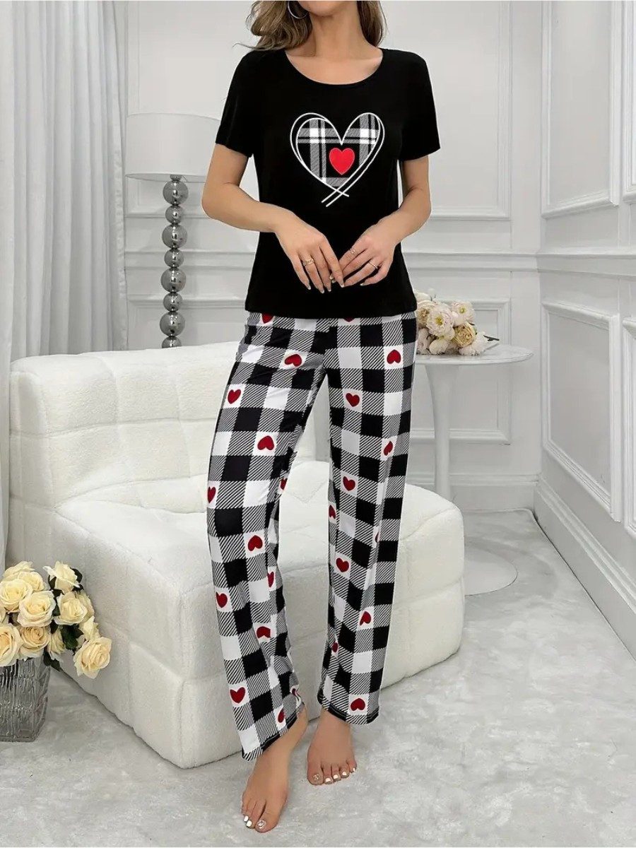 Elegant Love Pyjama Lässige Damen Nachtwäsche & Loungewear – Bequeme Homewear (Set, 2 tlg., Kurzarmshirt + lange Hose) Komfortabler Schlafanzug – ideal für entspannte Nächte & Hausanzug
