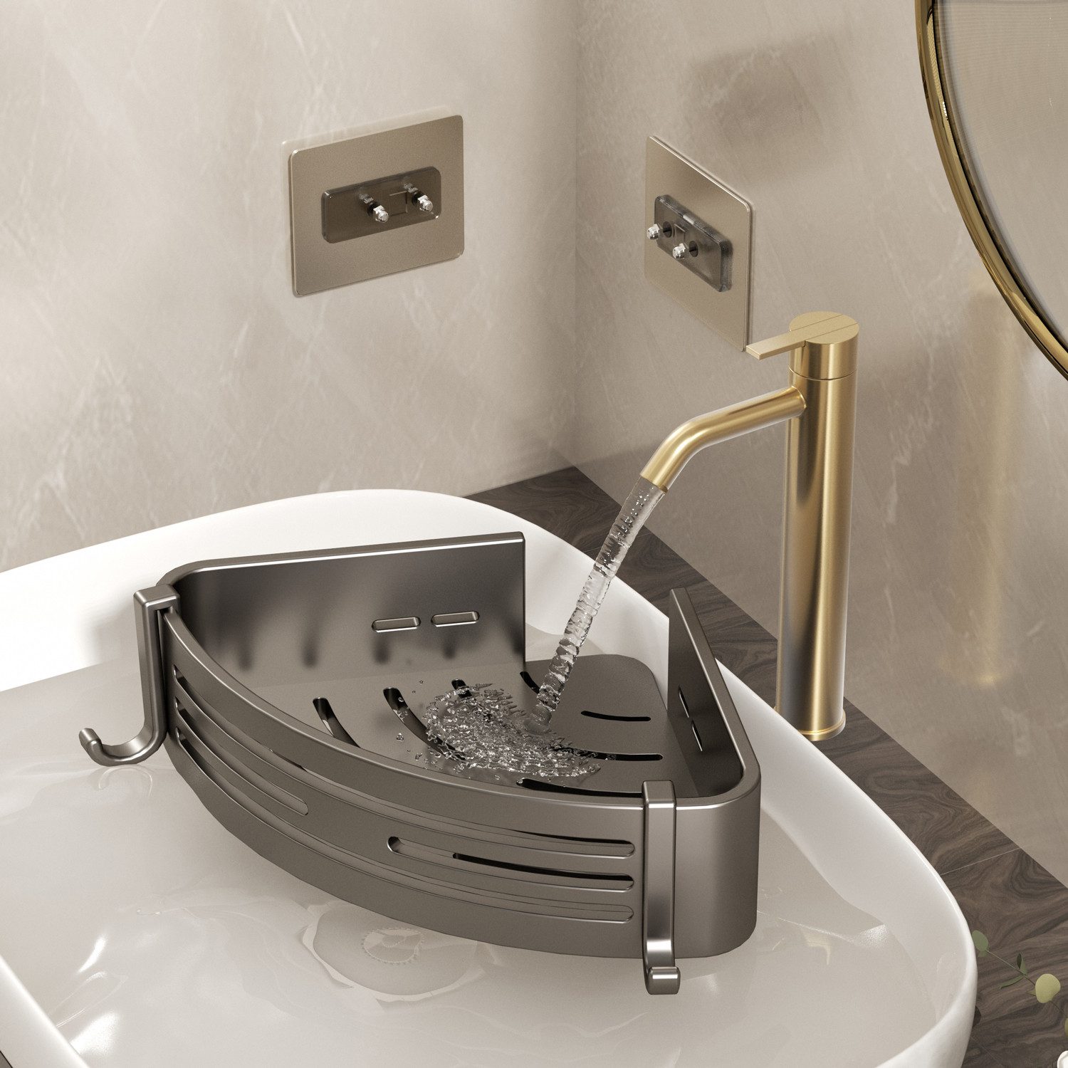 Refined Living Duschregal 2-Stück Eckregal ohne Bohren aus rostfreiem Aluminium für die Dusche, Badezimmer Duschablage Selbstklebendes Oder Bohren 2-tlg., mit 4 – Bild 5 von 5