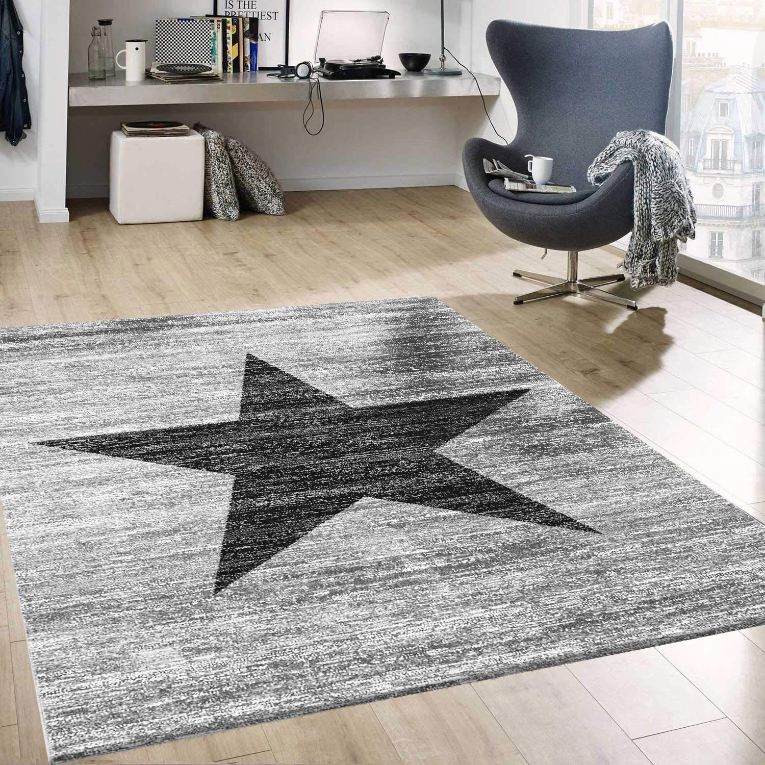 Designteppich Kurzflor Stern Grau, Vimoda, Rechteckig, Höhe: 5 mm, Star, Jugendzimmer, Stern-muster, Wohnzimmer