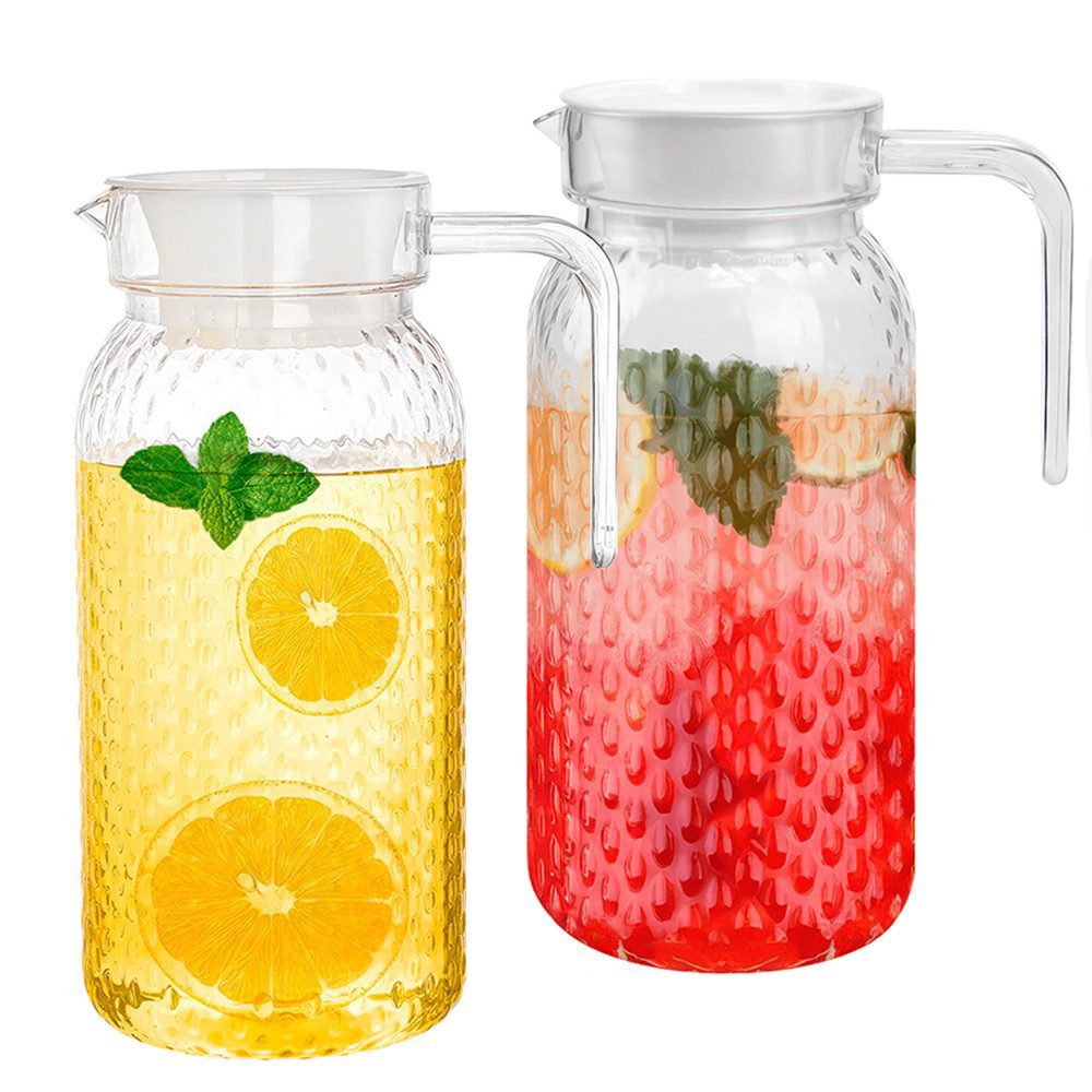 BlingBin Wasserkaraffe 2 Stück Wasserkrug 1L Wasserkaraffe Acryl Krug mit Deckel Transparente, (1er Set, 2-tlg., 2 x Wasserkrug mit Deckel), Wasser Krug Kunststoff Eistee Krug mit Griff Plastik Getränkekaraffe
