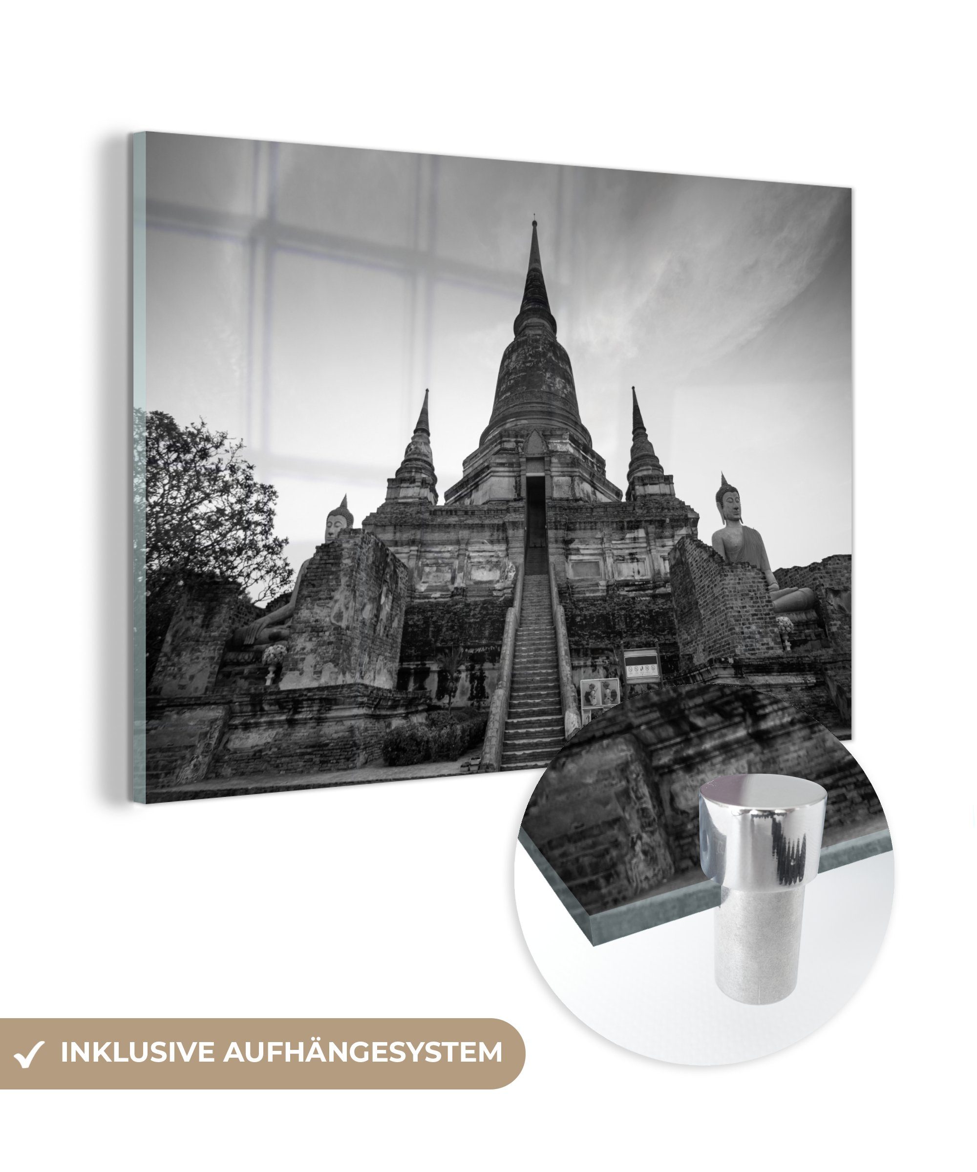 Buddha-Statuen und St), Schlafzimmer Acrylglasbilder Acrylglasbild vor Schwarz - (1 Watthanaram-Tempel dem MuchoWow Weiß, Wohnzimmer & Chai