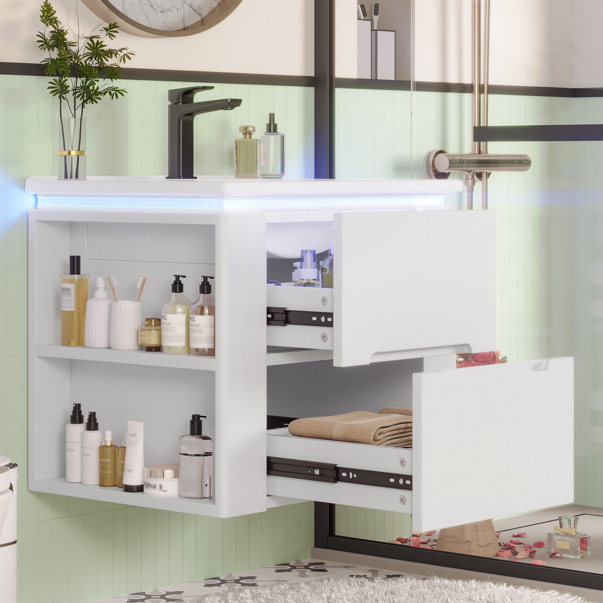 Merax Waschtisch mit LED-Radarsensorbeleuchtung & doppelseitigen Ablagen (Badschrank Badmöbel, 1-St., 61x46x48.5cm), Hängender Badezimmerschrank mit Waschbecken, Badezimmerschrank