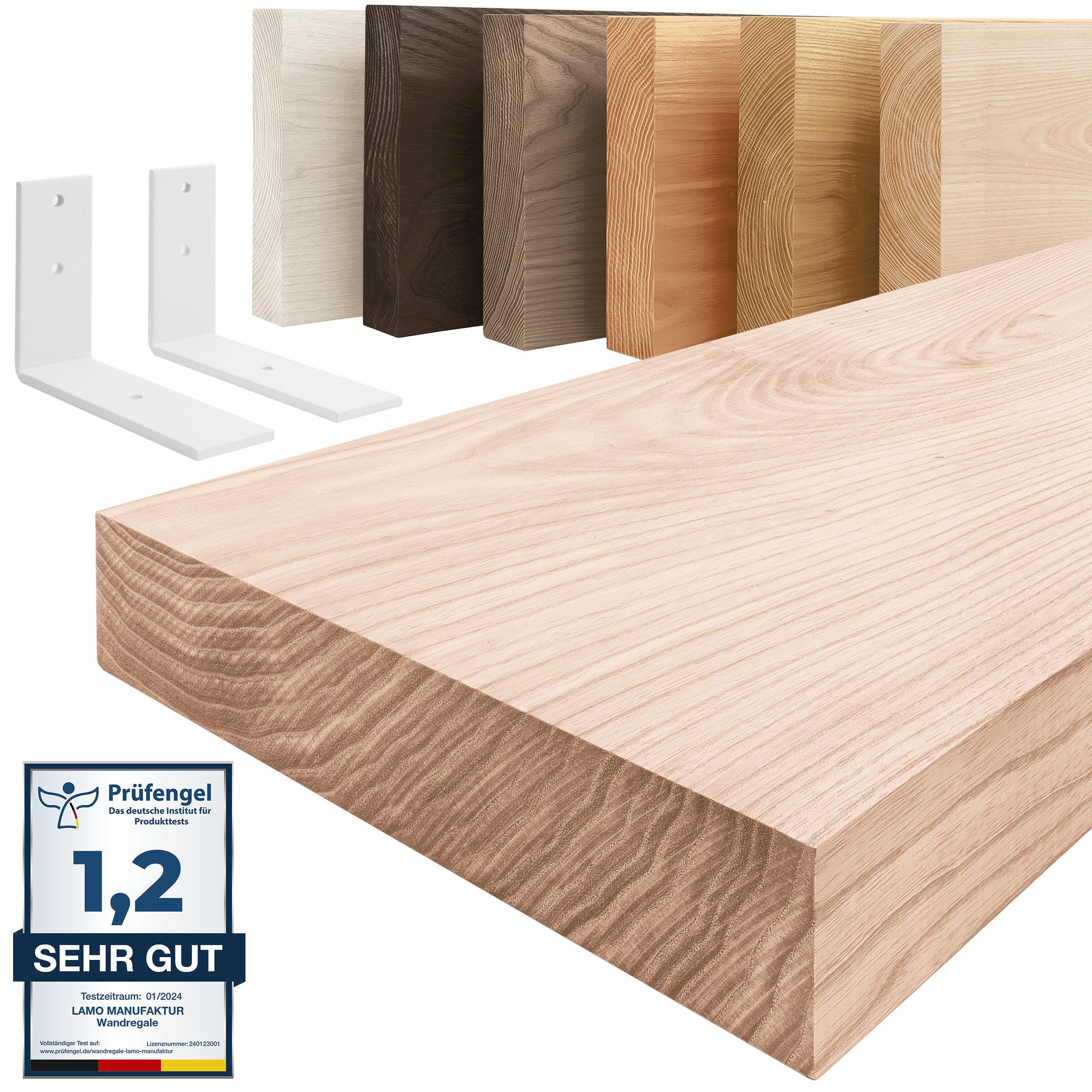 LAMO Manufaktur Wandregal Holz Gerade Regal Farbe: Roh mit weißem Basic Regalträger 160 cm, Komplett-Set, 40mm stake Massivholzplatte