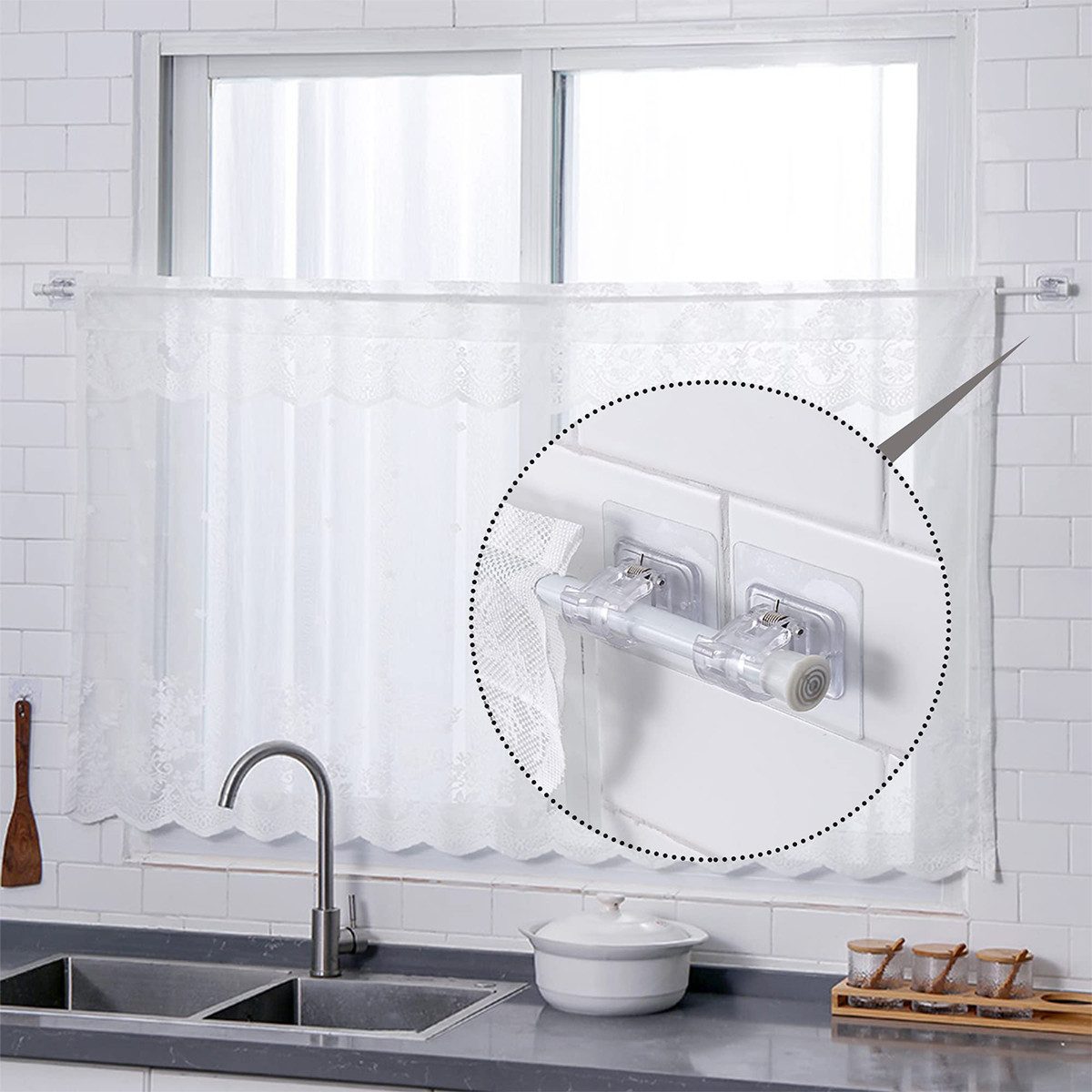 MOPUEA Gardinenstangenhalter Vorhangstange Clip Halter klebrige Haken Transparent Farbe, (Gardinenstangenhalter Set selbstklebend ohne Bohren, 8 transparente se – Bild 2 von 5