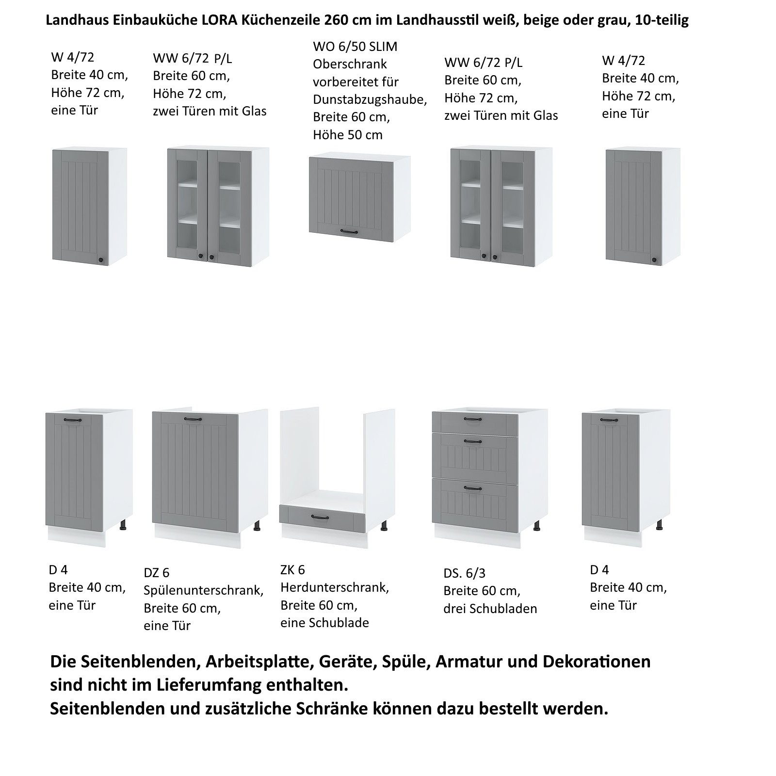 Möbel für Dich Küchenzeile Landhaus Einbauküche LORA 260 cm im Landhausstil 10-teilig, Fronten in weiß, Beige oder Grau – Bild 4 von 5