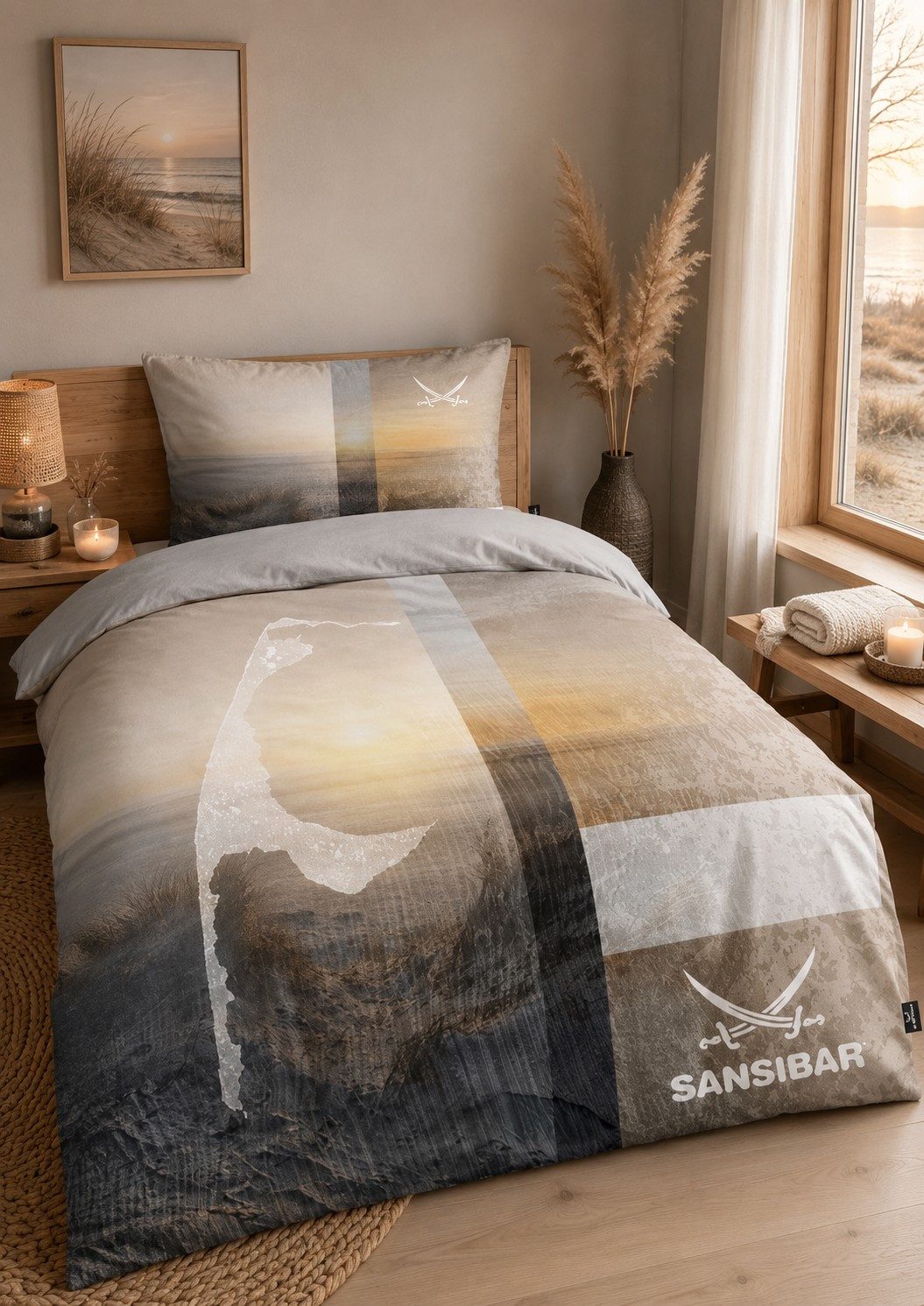 Sansibar Sylt Bettwäsche Sunset mit Sylt-Motiv Wendebettwäsche, 100% Baumwolle, 2 teilig, Fein gewebte, glatte und weiche Baumwollsatin-Qualität