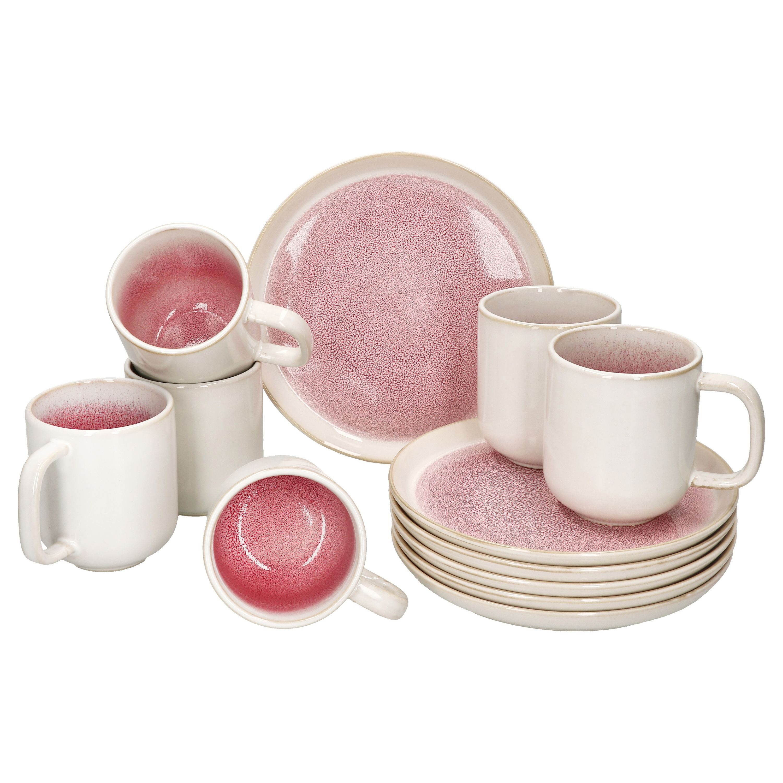 MamboCat Frühstücks-Geschirrset 12tlg Frühstücksset Reactive Glaze Paris 6 Pers Teller Becher Pink, Steingut, Steingut – Bild 2 von 5