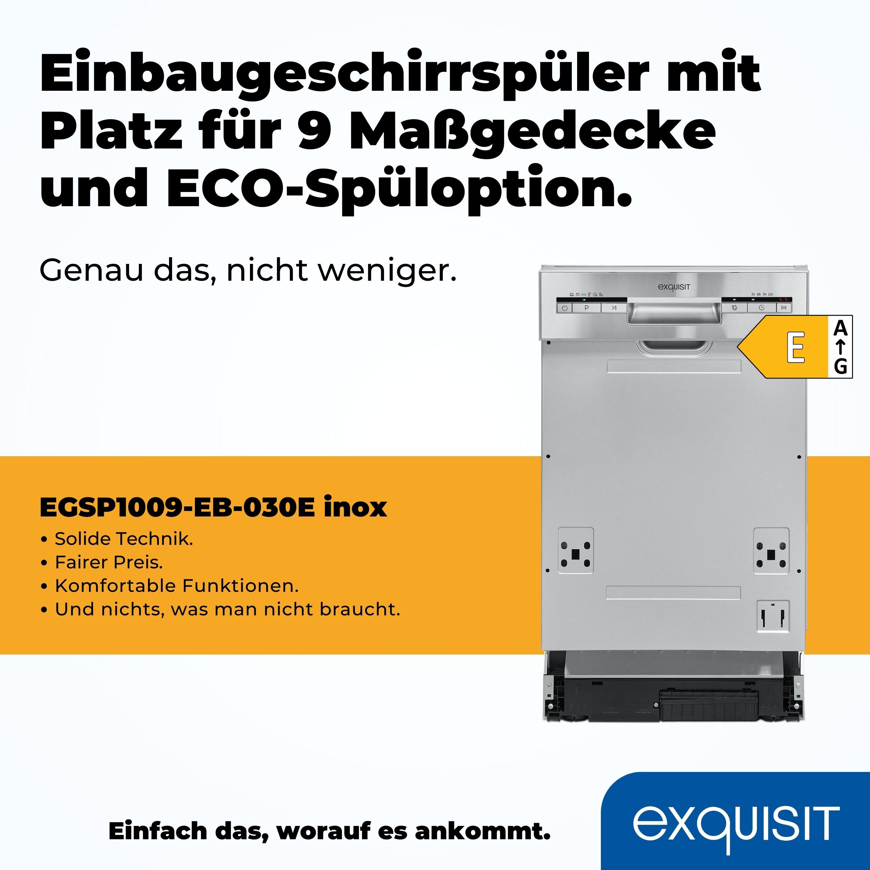 exquisit teilintegrierbarer Geschirrspüler EGSP1009-EB-030E, 9 Maßgedecke, Kompakt und ideal für kleine, schmale Nischen, kleine(Single)Haushalte