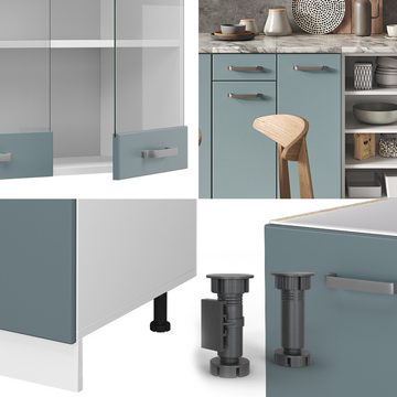 Livinity® Küchenzeile R-Line, Blau-Grau/Weiß, 240 cm, AP Eiche