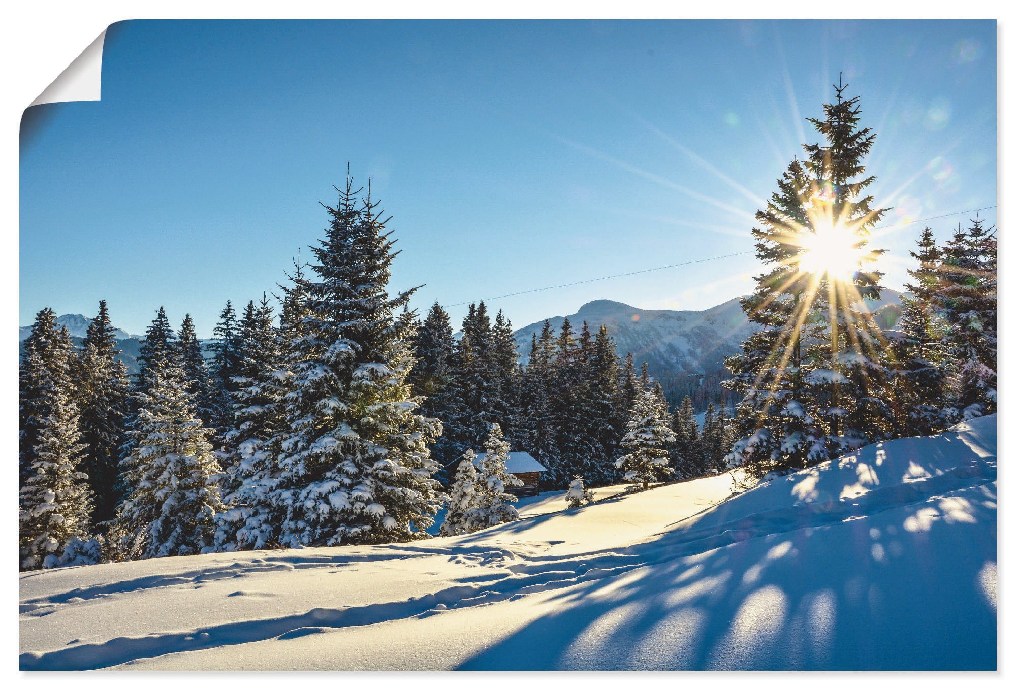 Artland Wandbild Winterlandschaft mit Sonnenstern, Größen in Berge Poster Wandaufkleber Leinwandbild, oder als versch. (1 Alubild, St)