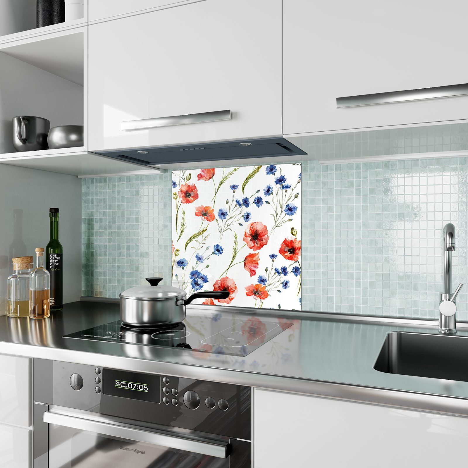 Primedeco Küchenrückwand Spritzschutz Glas Aquarell Blüten Muster
