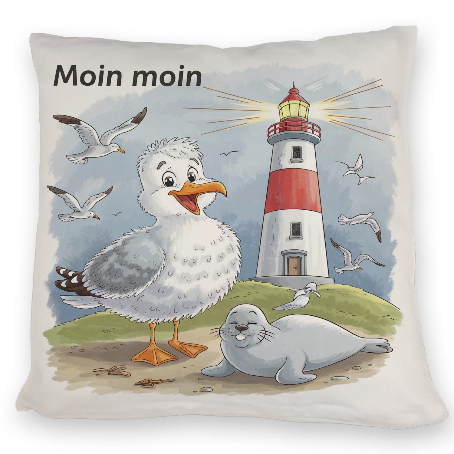 speecheese Dekokissen Fröhliche Möwe und Leuchtturm Kissen - MOIN MOIN günstig online kaufen