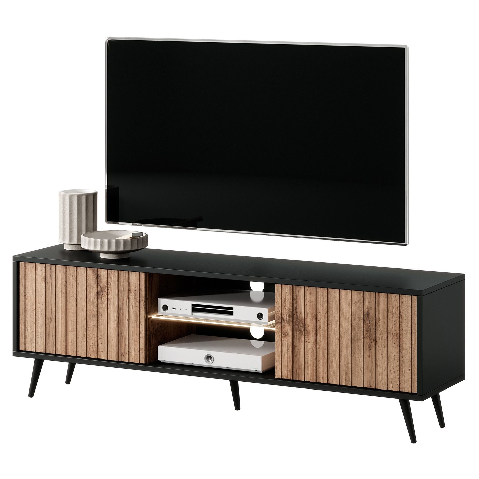 Selsey TV-Schrank BELLO mit schwarzen Füßen, Lamellenfronten und LED, 135 c günstig online kaufen