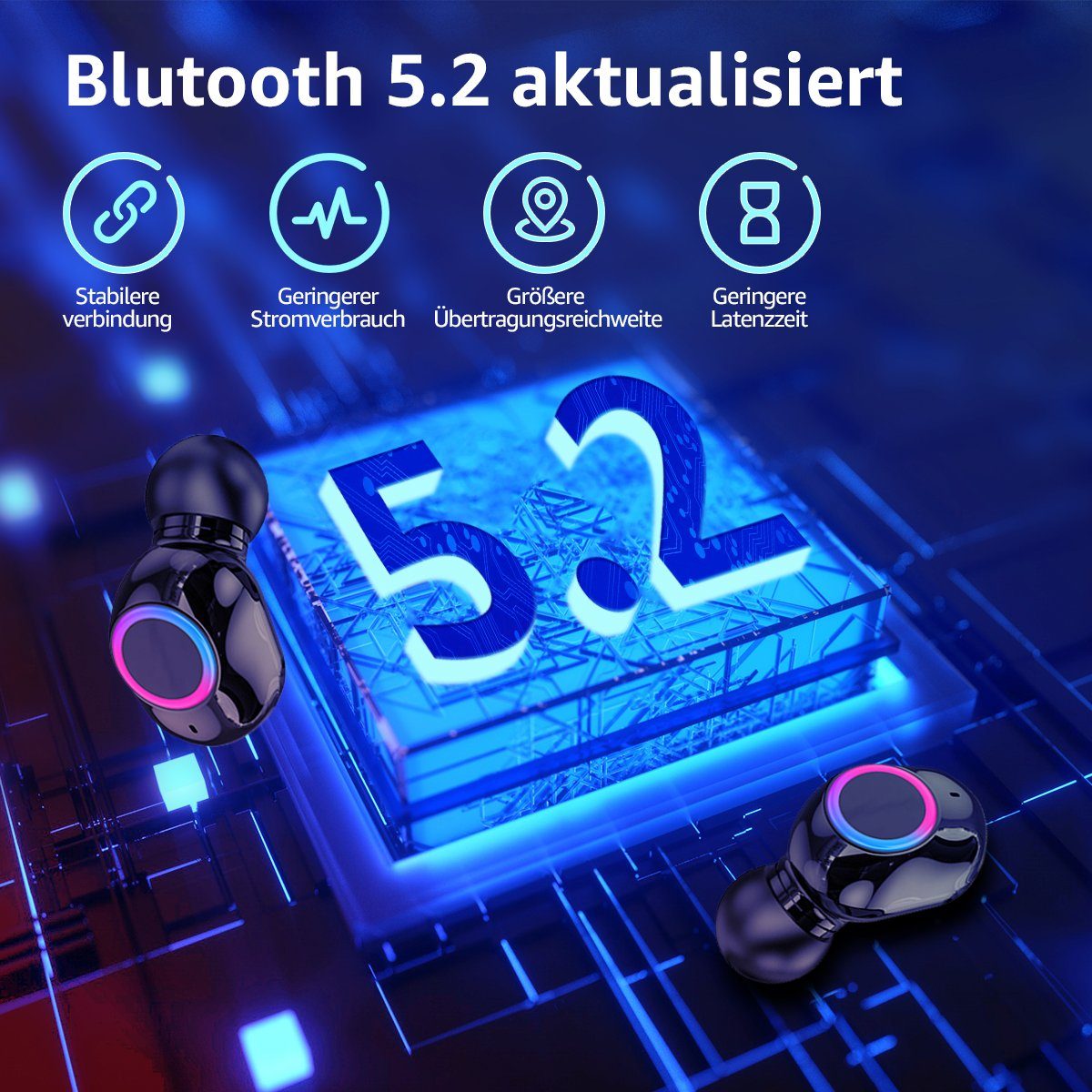 Greensky Bluetooth 5.2 In-Ear-Kopfhörer True (Siri, Immersiver Bluetooth-Kopfhörer Earbuds Ohrhörer, Touch Control) LED Voice Anzeige, Assistant, Rauschunterdrückung, Wireless HiFi