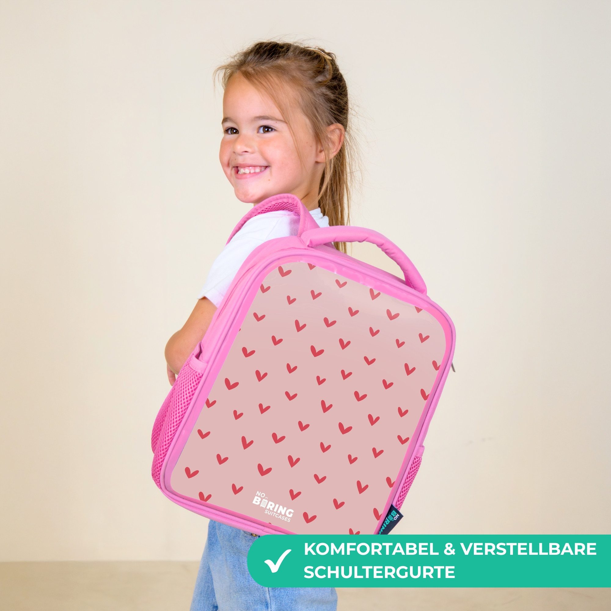 NoBoringSuitcases.com© Rucksack Rosa - Herzmuster mit rosa Farben, Kinderrucksack, Schulrucksack, Freizeitrucksack, Mädchen, Kindergarten