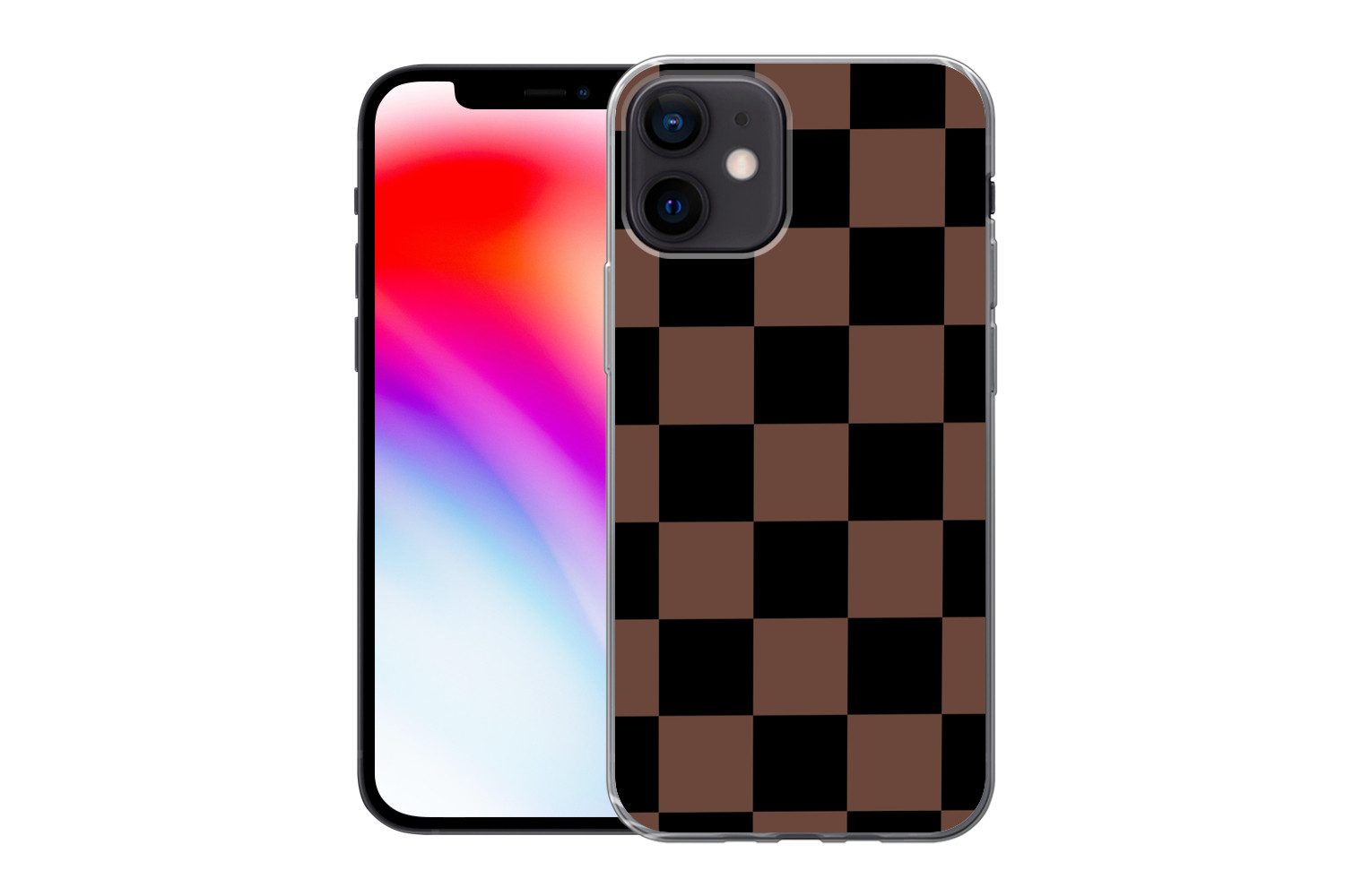 MuchoWow Handyhülle für Apple iPhone 12 Schachbrettmuster - Braun - Schwarz - Blöcke, Smartphone-Bumper, Print, Handy Schutzhülle Dünn