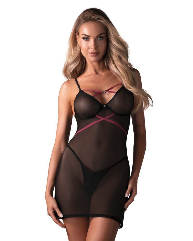 Negligé Negligé und String transparent - schwarz, pink