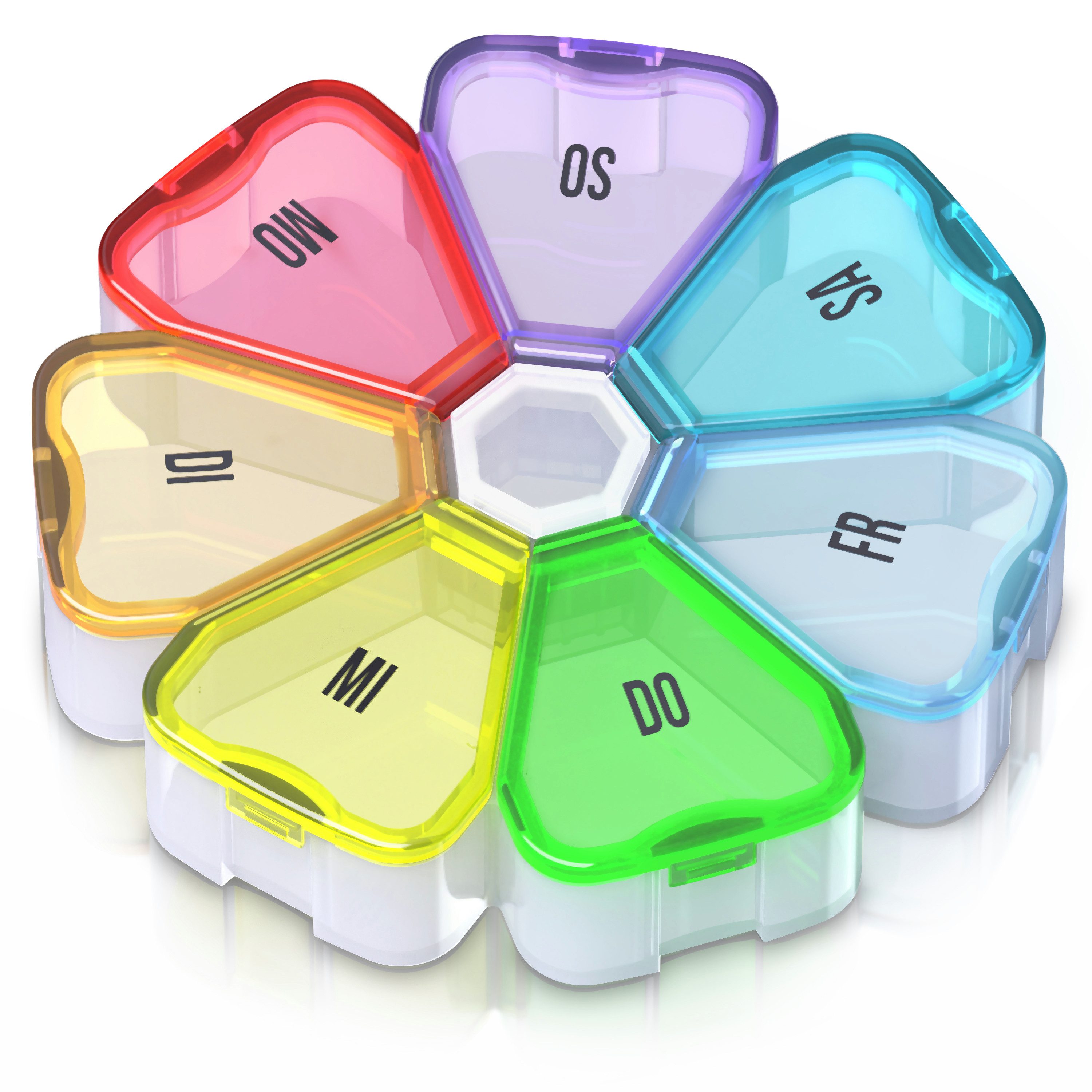 MyBeo Pillendose Tablettenbox 7 Tage, Blumenmuster, 1 Fach täglich, Pillendose, transparent, Regenbogenfarben, Schnappdeckel, spülmaschinengeeignet
