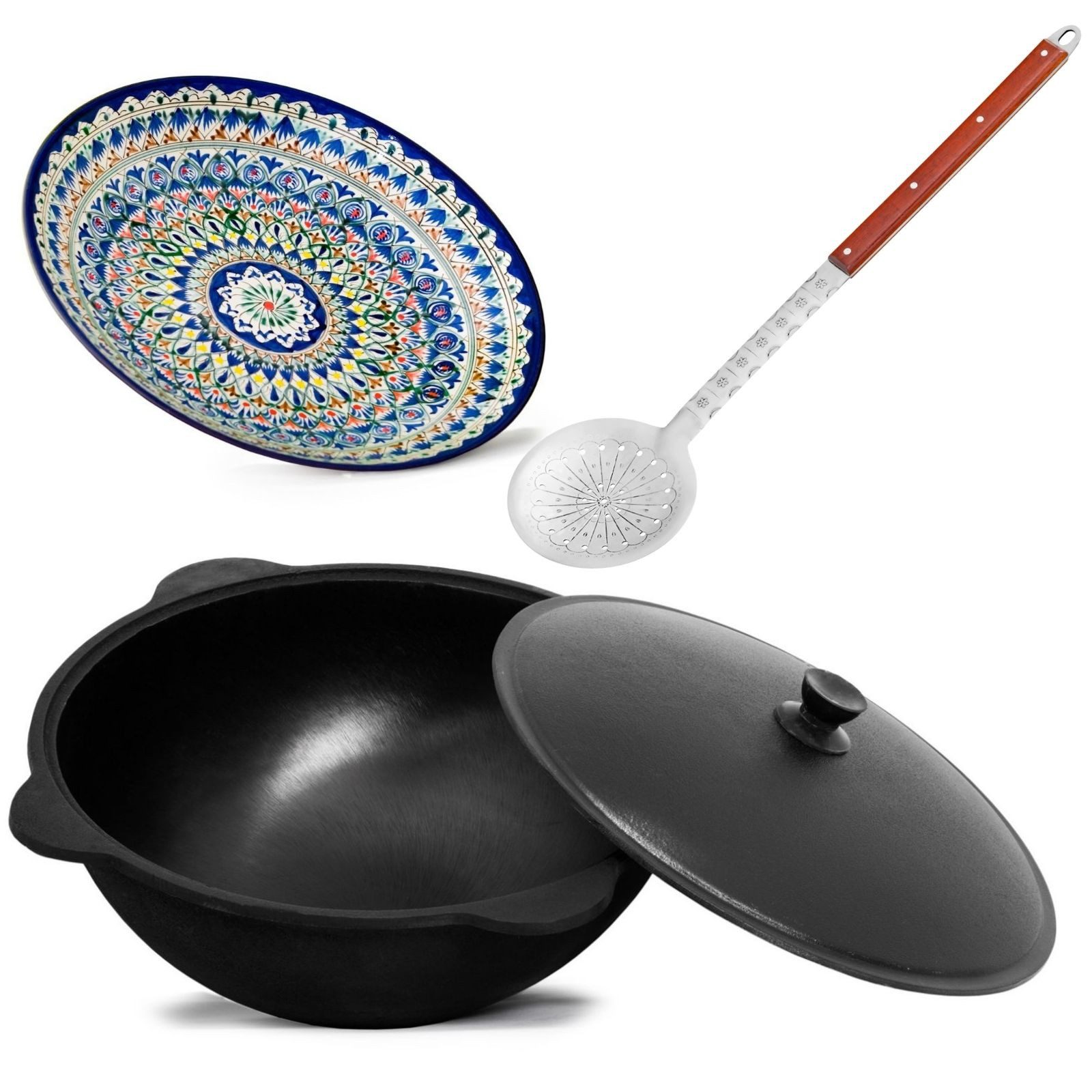 BIG-PAN Schmortopf Kasan Gusseisen 16L mit Aluminium Deckel Usbekisch, (Lagan handbemalt, Schaumkelle Edelstahl), Cast Iron Kessel Usbek Asia Topf