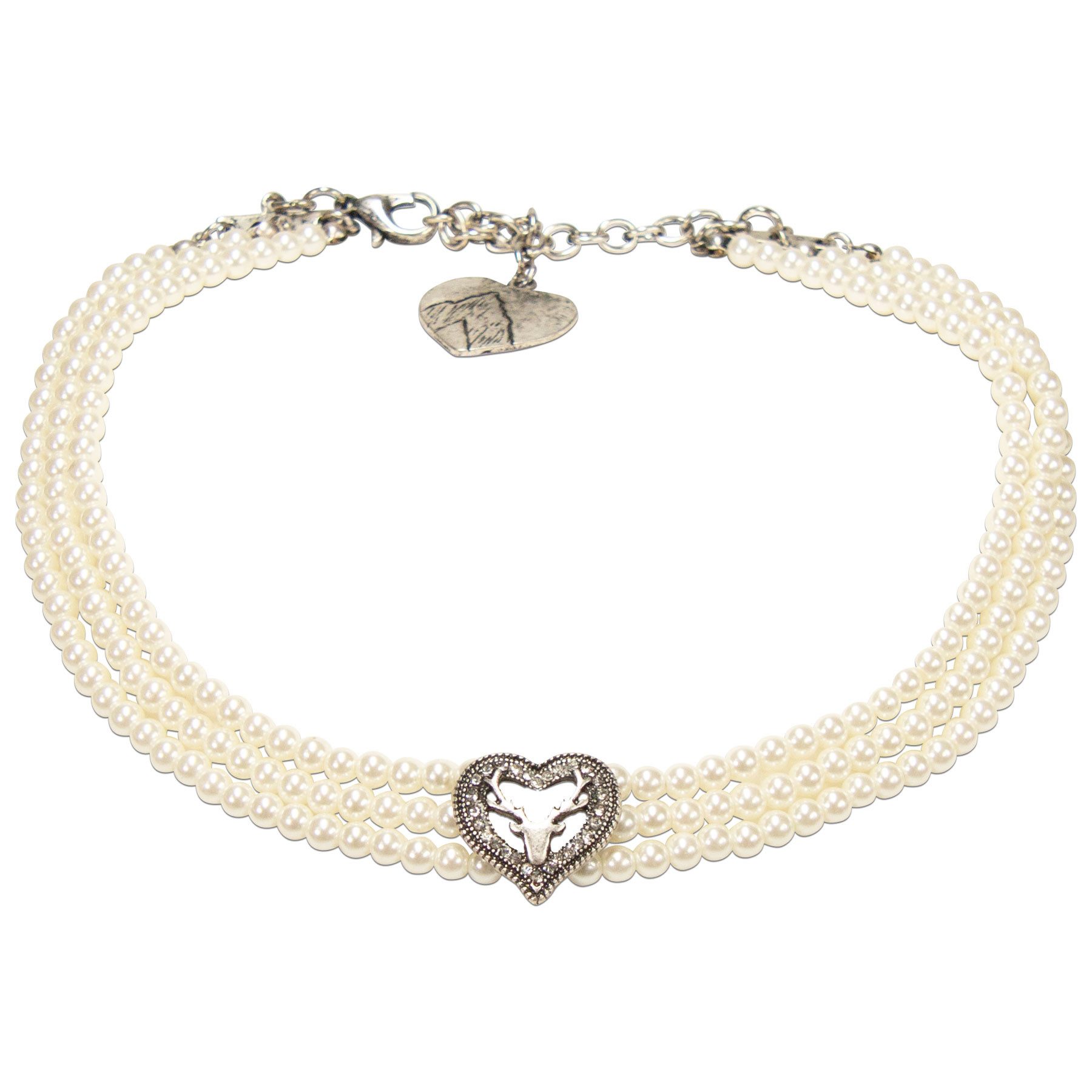 Collier Trachten-Perlen-Kropfkette Strassherz-Hirsch (creme-weiß)