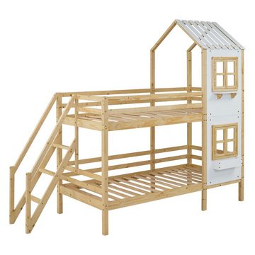 WISHDOR Kinderbett Jugendbett Hausbett Holzbett Doppelbett (Weiß+Natur (90x200cm) ohne Matratze), mit Handlauf und Fenster