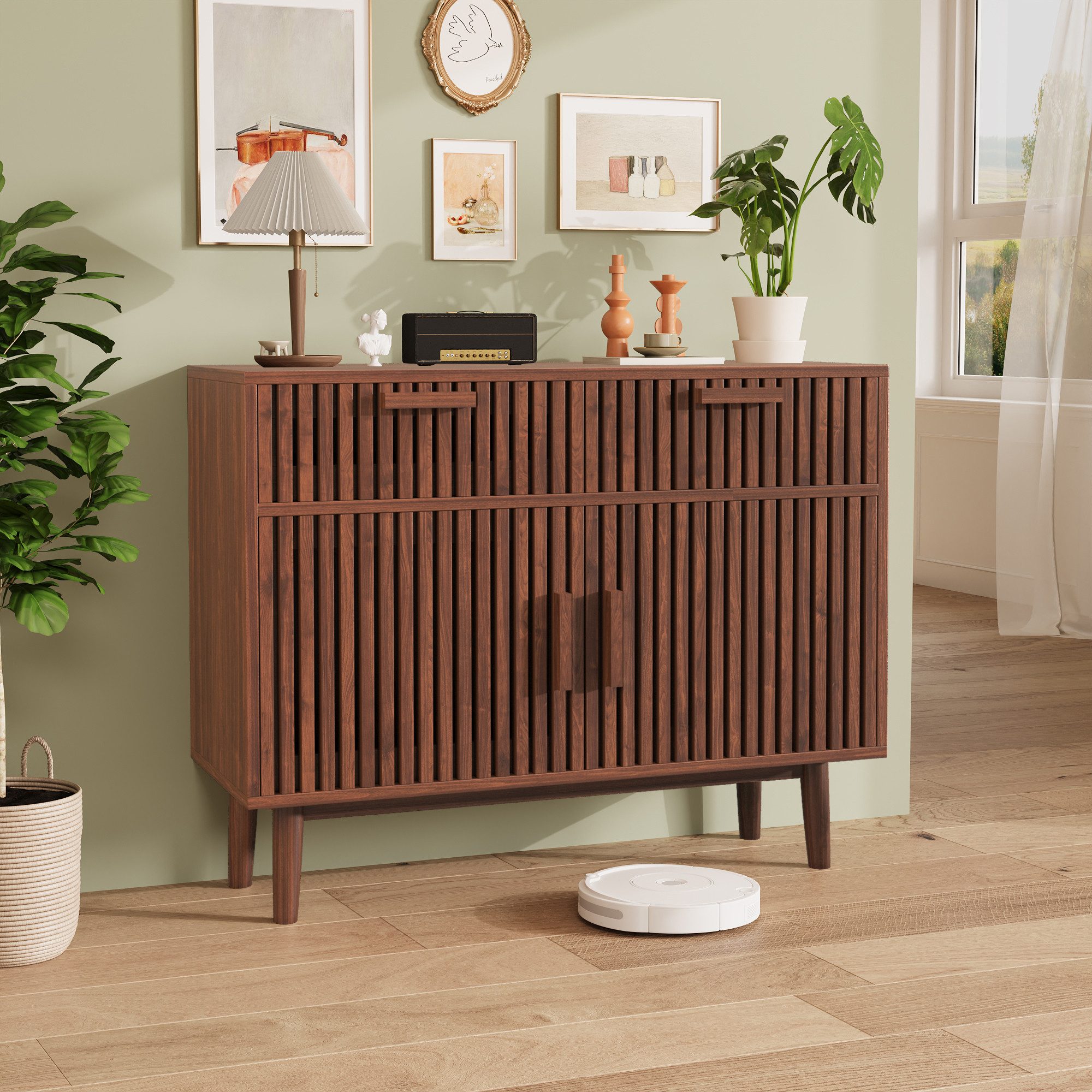 PXloue Kommode Mid-Century Sideboard Mehrzweckschrank mit 2 Schubladen und 2 Fächern, für das Schlafzimmer/Wohnzimmer