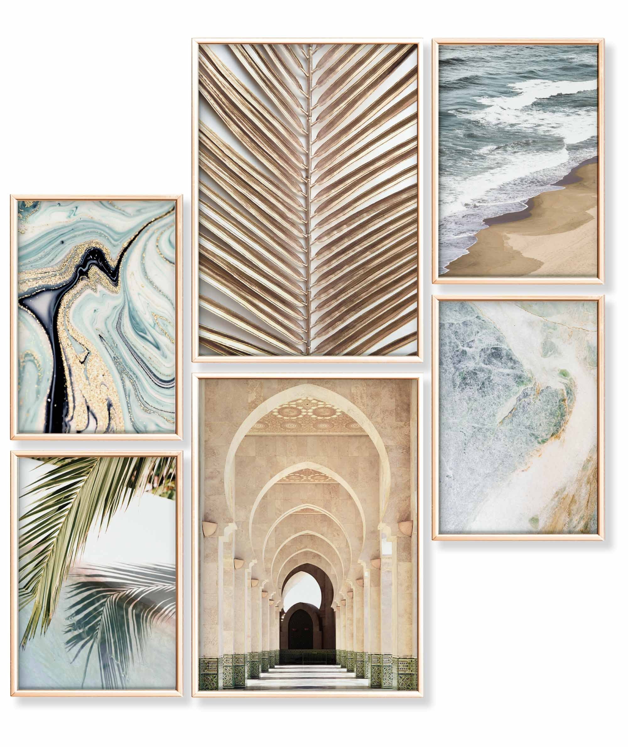 Poster Set als Wohnzimmer Deko, Bilder DINA3 & DINA4, Goldene Palme Strand
