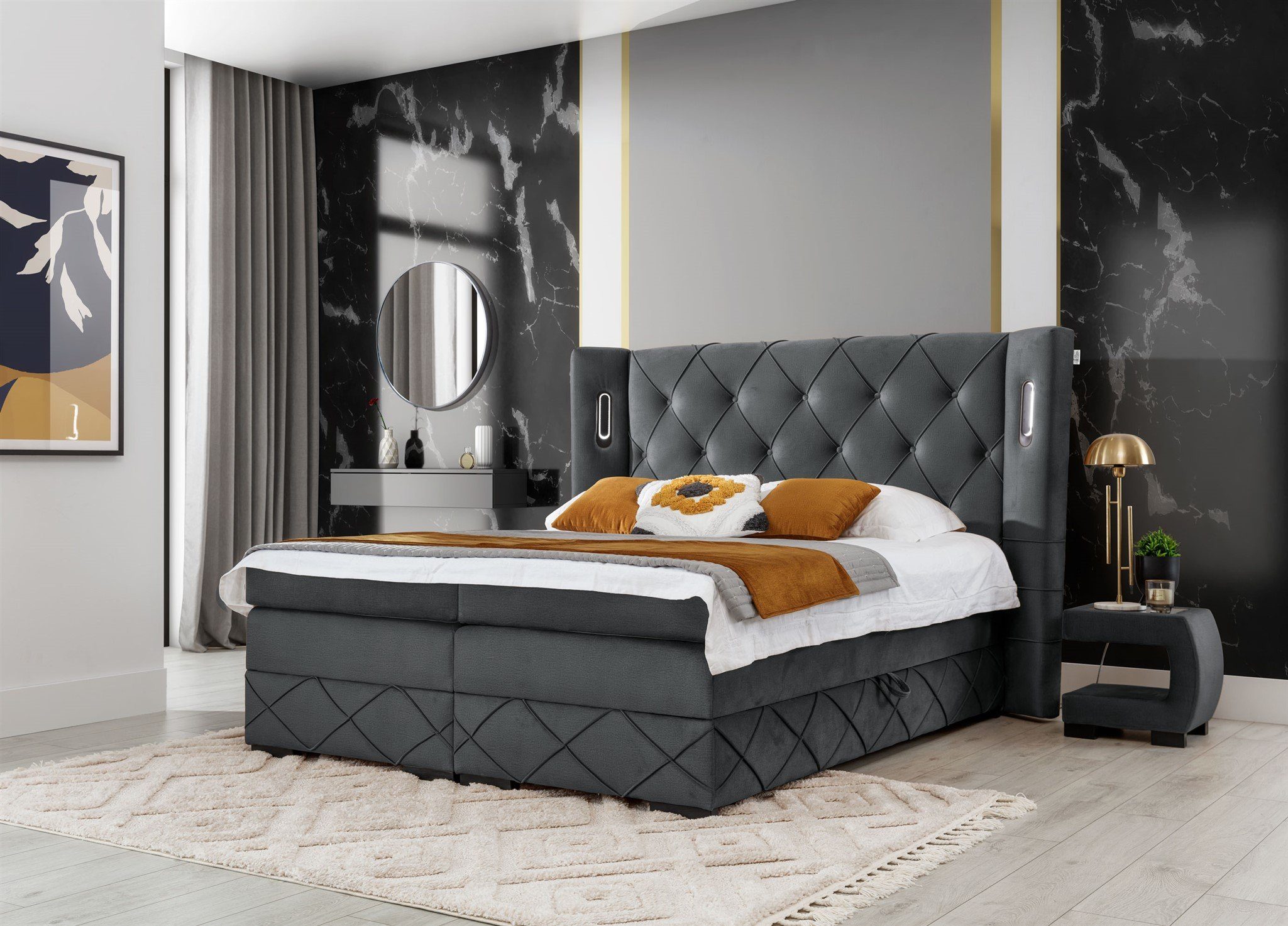 Fun Möbel Boxbett Schlafzimmerbett ELVIANO in Stoff Monolith (inkl. 2 x Bettkasten und Topper, Ambiente-Beleuchtung mit Touch Funktion), Gepolstertes Kopfteil mit Steppung