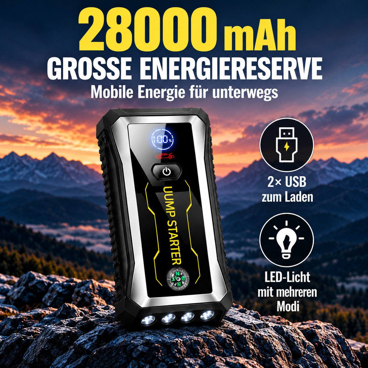 ibettertec Notfallstarter fürs Auto mit Powerbank und LED-Taschenlampe Starthilfegerät Batterie Booster für 12-V-Fahrzeuge, Benziner und Diesel, 2 USB-Ausgänge, – Bild 3 von 5