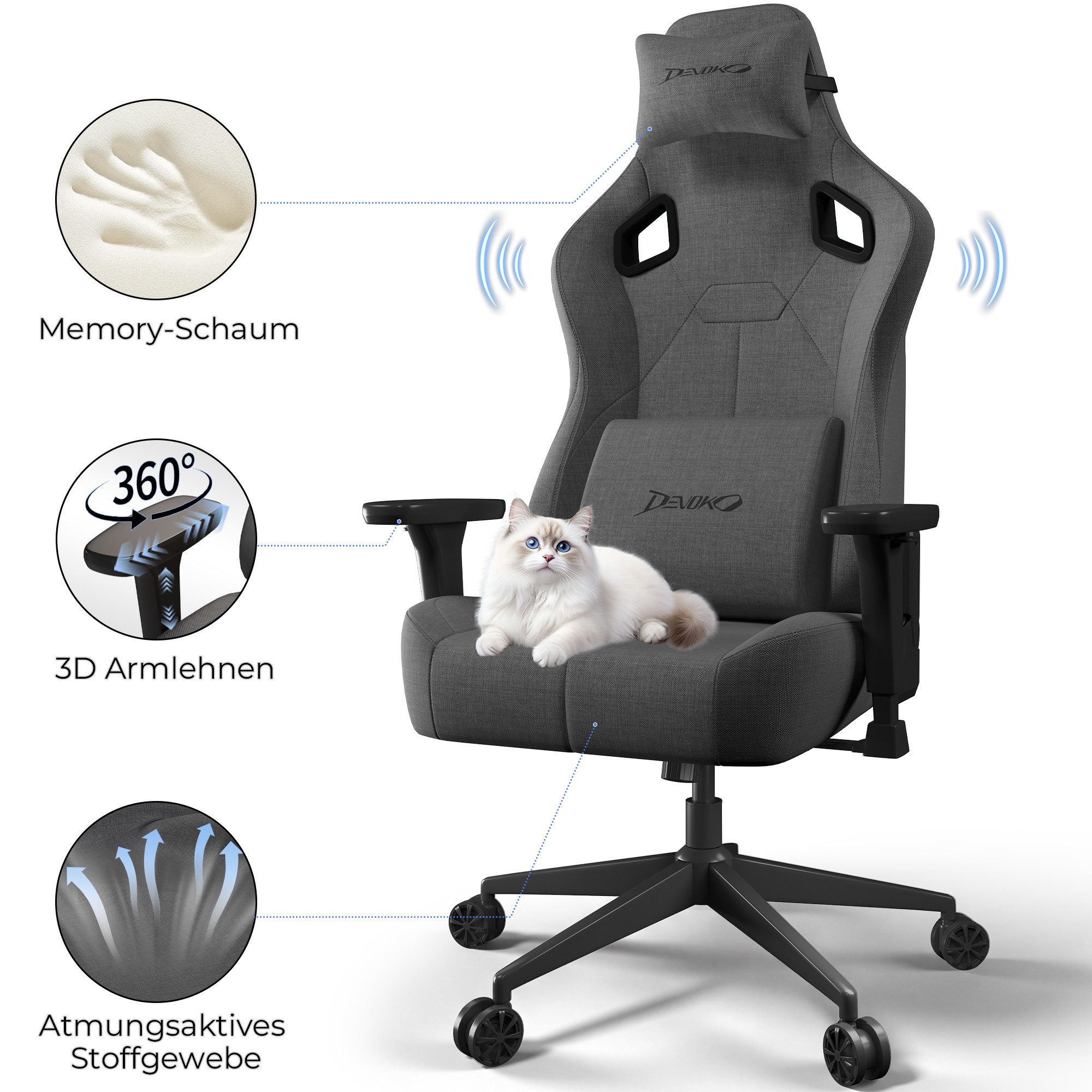 Devoko Gaming-Stuhl Luxuriöser Wildlederimitat,Ergonomisch & Großzügigem Sitz,Bürostuhl, Atmungsaktiver Stoff, Memory-Schaum, Leiseroller, Gaslift Stufe 4