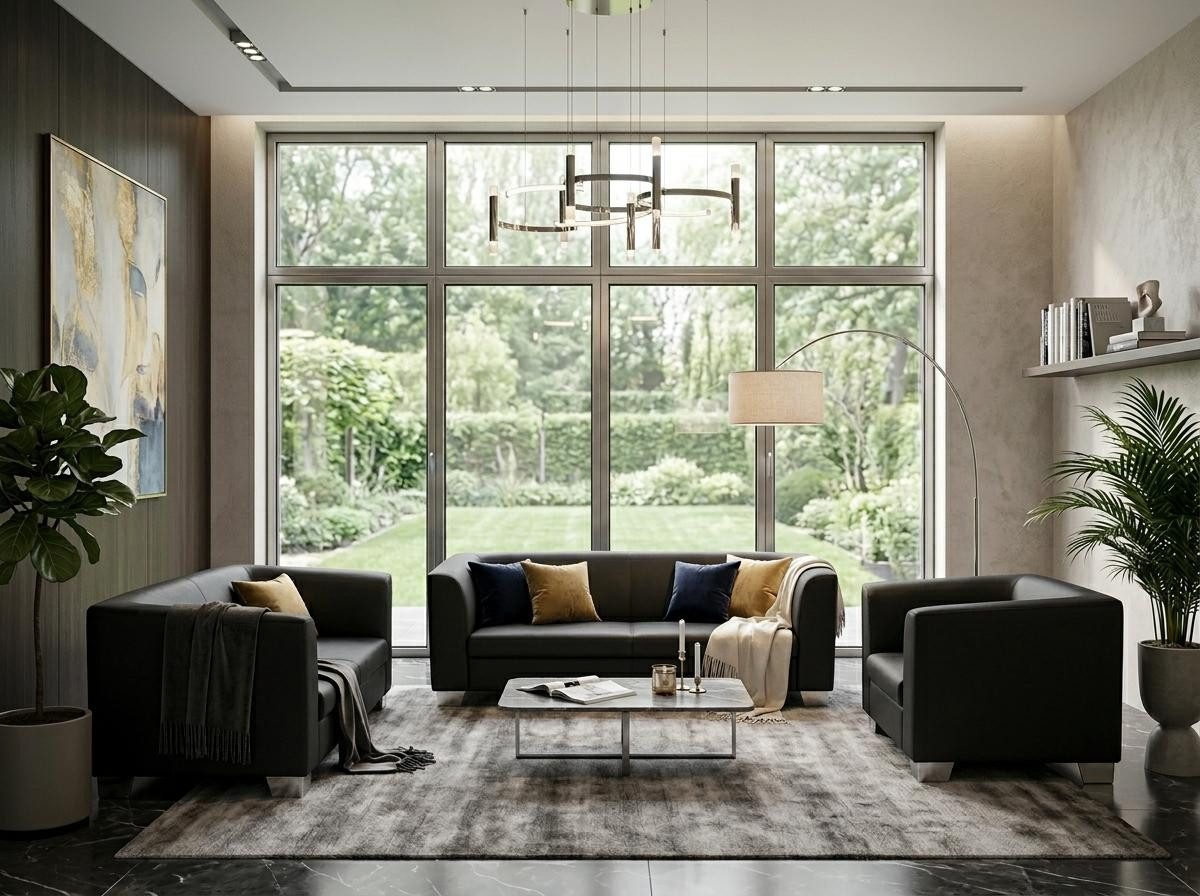 JVmoebel Polstergarnitur Schwarzes Wohnzimmer-Set: 3+2+1-Sitzer Ledersofas und Sessel, (3-tlg), Made in Europa
