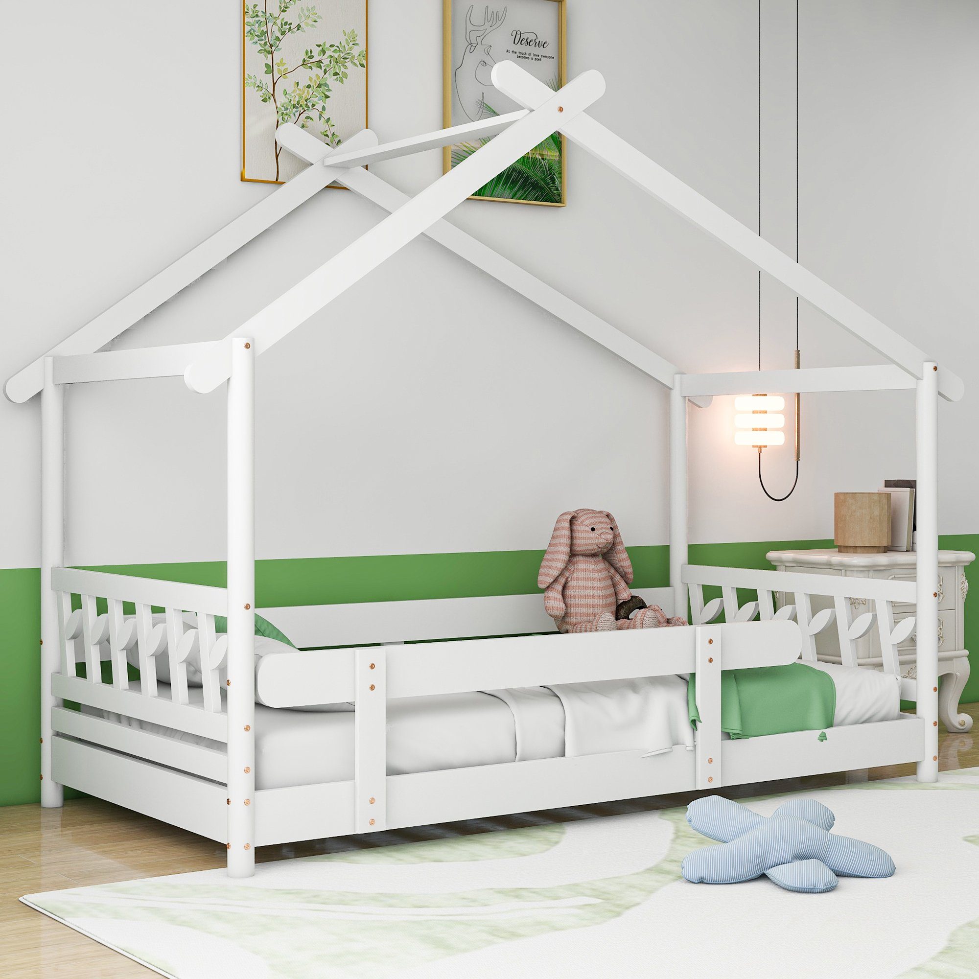 WISHDOR Kinderbett Hausbett, Holzbett, Funktionsbett, Kinderbett (Mit Rausfallschutz für Kinder und Jugendliche 200x90cm, mit Gitter und Lattenrost), Ohne Matratze Weiß