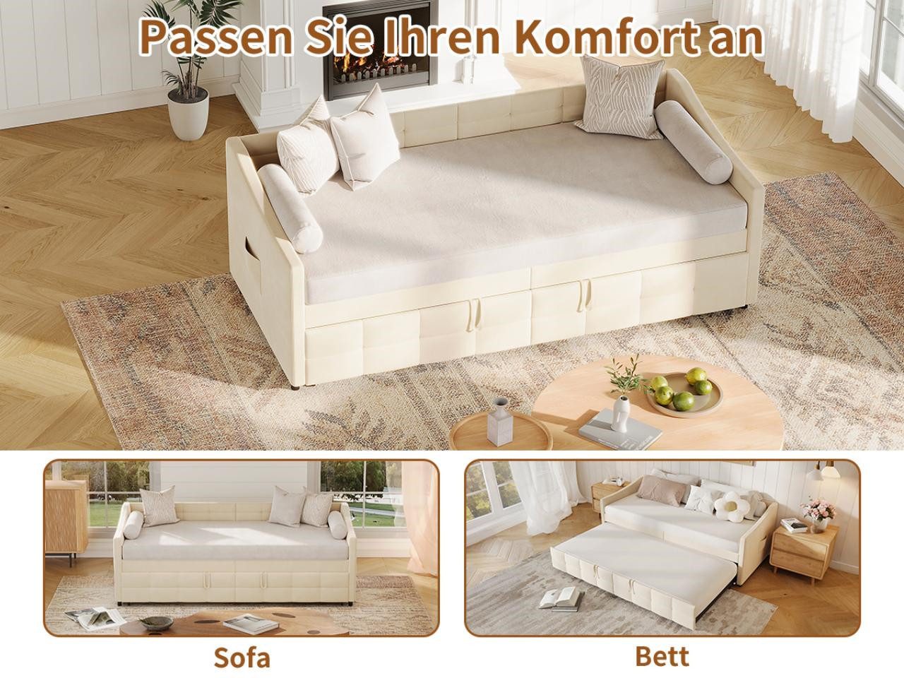 Simurq Einzelbett Gepolstertes Ausziehbett 90x200 cm,Schlafsofa mit Lattenrost,Samtbezug – Bild 4 von 5