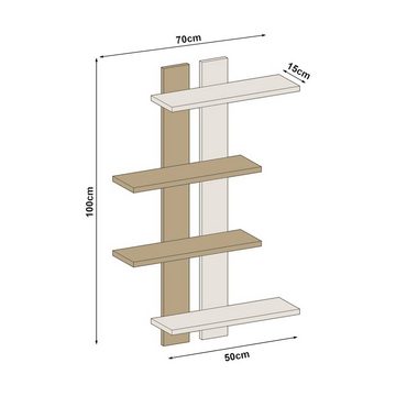 en.casa Wandregal, »Aukra« mit 4 Ablagen 70x17x100 cm Walnuss-Optik / Weiß