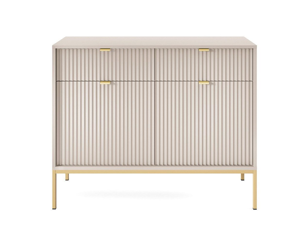 Feldmann-Wohnen Kommode Nova (2 Schubladen, 2 Türen, 2 Einlegeböden, 1 St., Riffel-Optik Front, goldfarbene Metallgriffe, ABS-Kanten), 104x39x83cm, Fronten mit ausdrucksstarkem geriffelten Muster