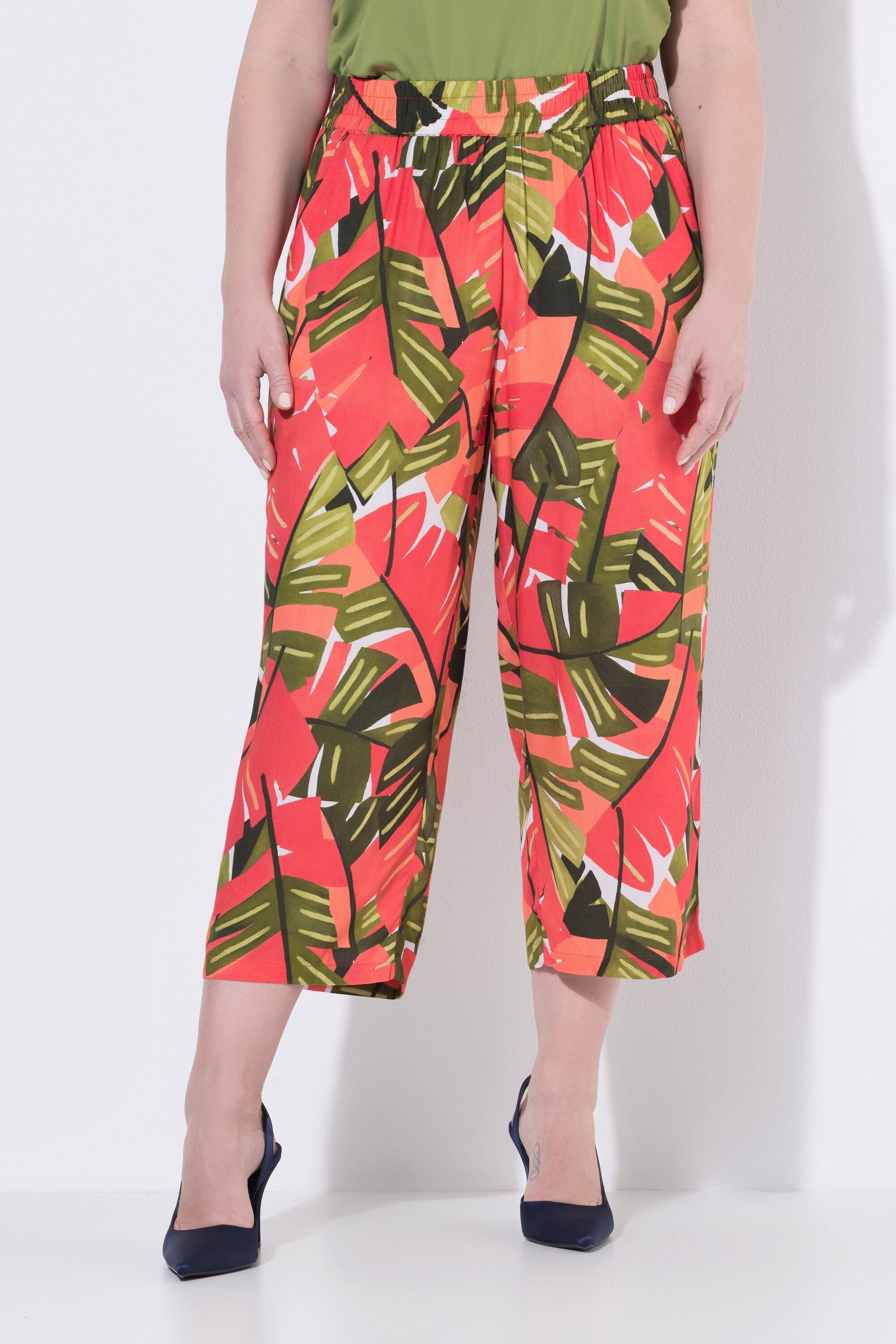Ulla Popken Schlupfhose Culotte Rose Palmen weites Bein Elastikbund