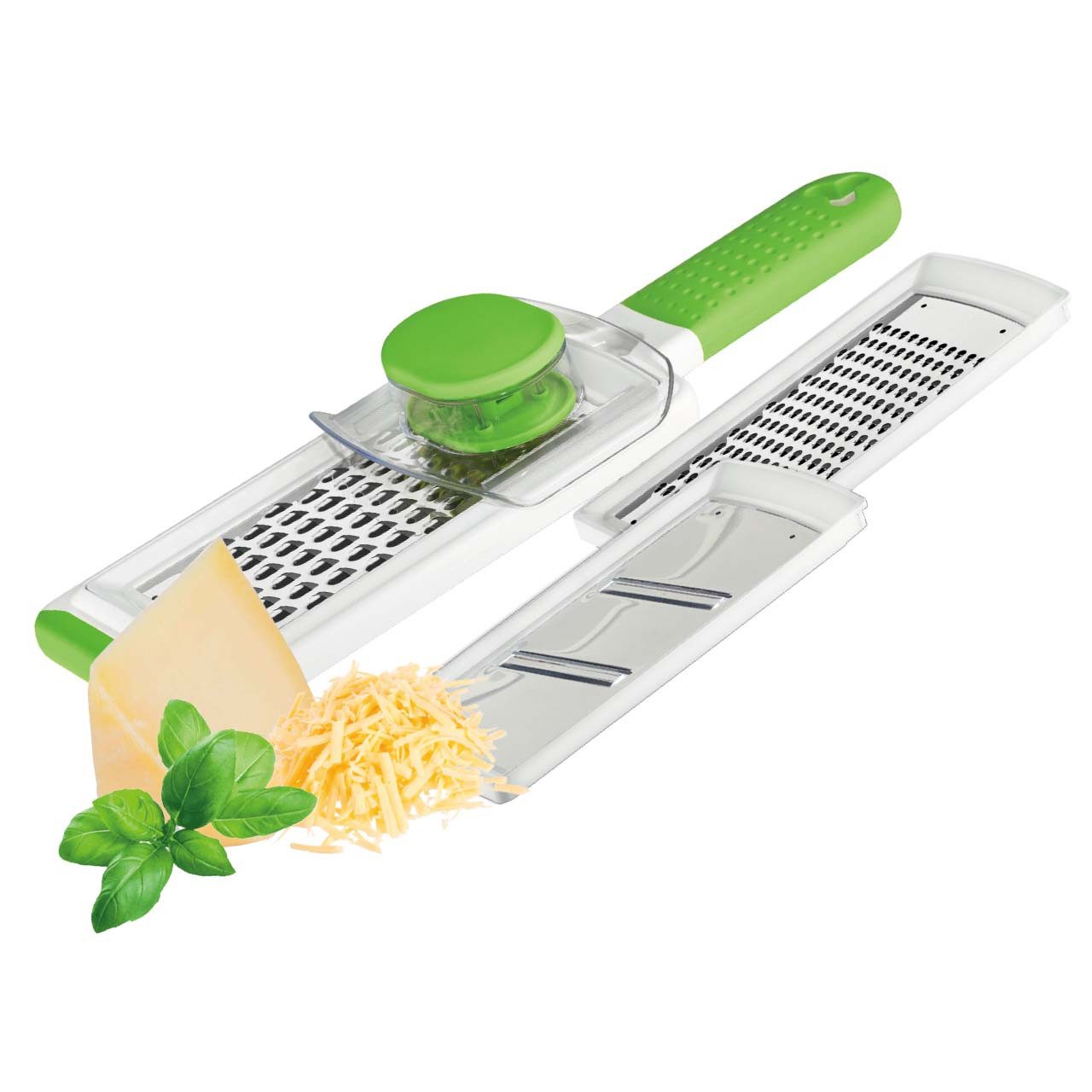 TAVIALO Zerkleinerer Tavialo Reibeset mit Handschutz, inkl. 3 Klingen und Softgrip-Griff, Edelstahl Reibe mit Handschutz, Rutschfestem Sockel, Spülmaschinenfest