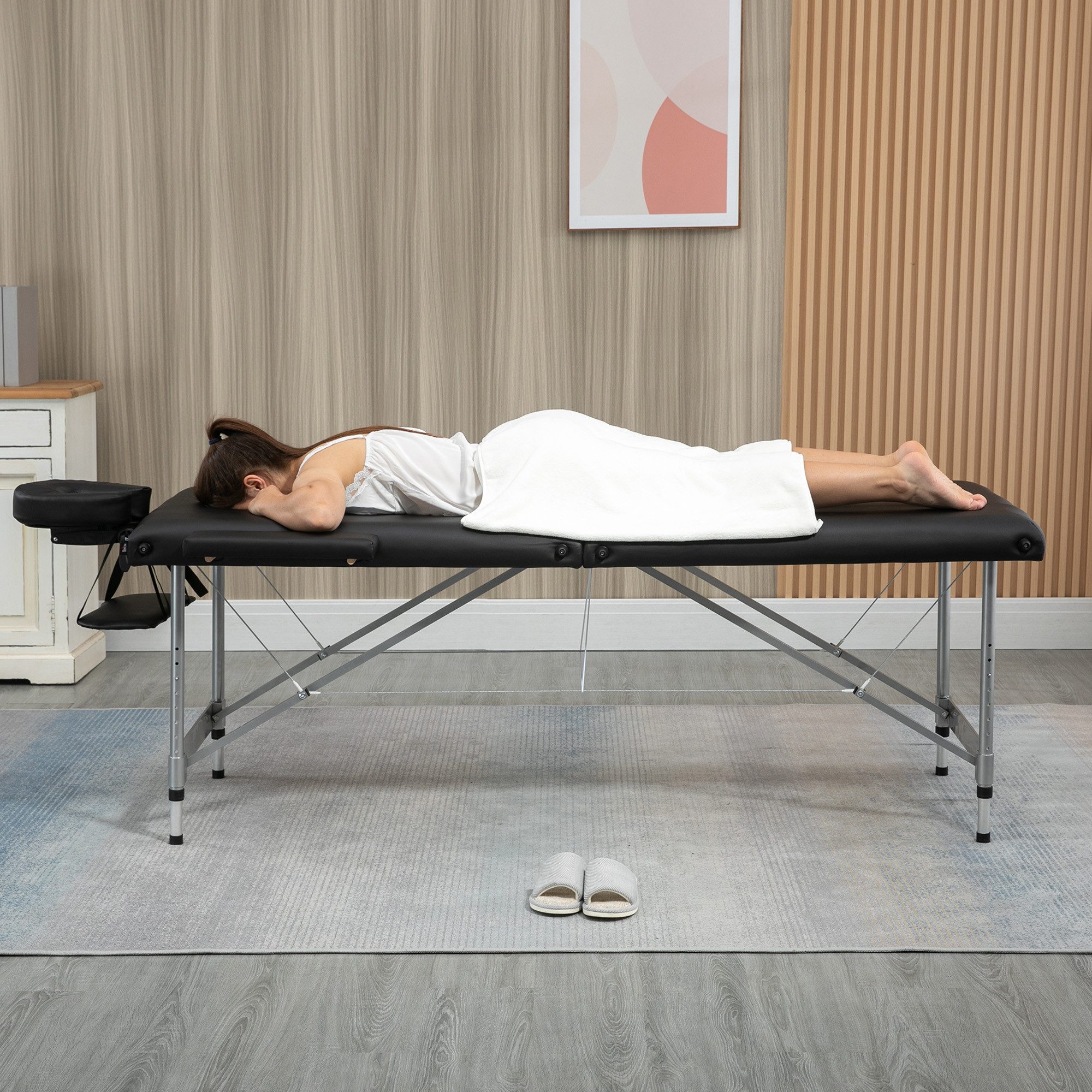 HOMCOM Massageliege 7 Zonen Massagetisch mit Kopfstütze Aluminium Schwarz (Massagebett, 1-St., Massageliege), Schwarz 185 x 70 x 58-82 cm