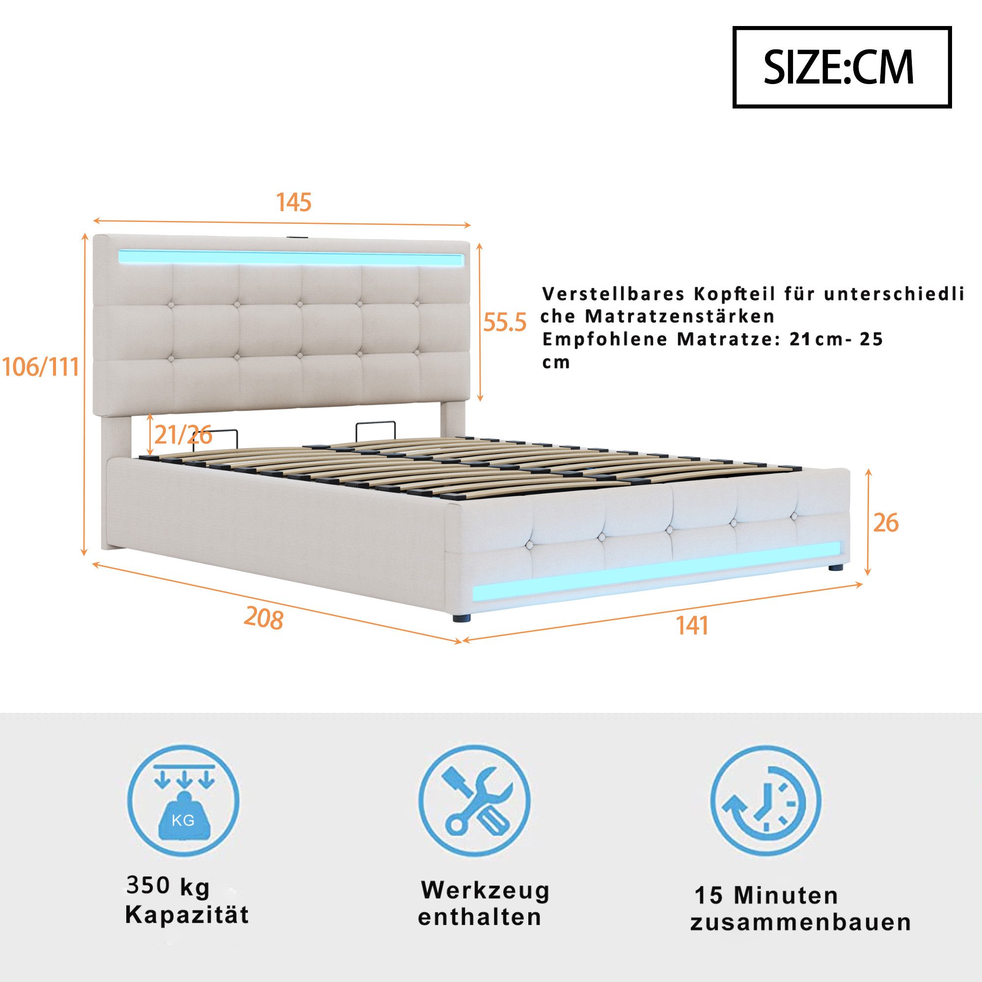 Flieks Polsterbett, LED Doppelbett Stauraumbett 2 USB-Anschluss 140x200cm L günstig online kaufen
