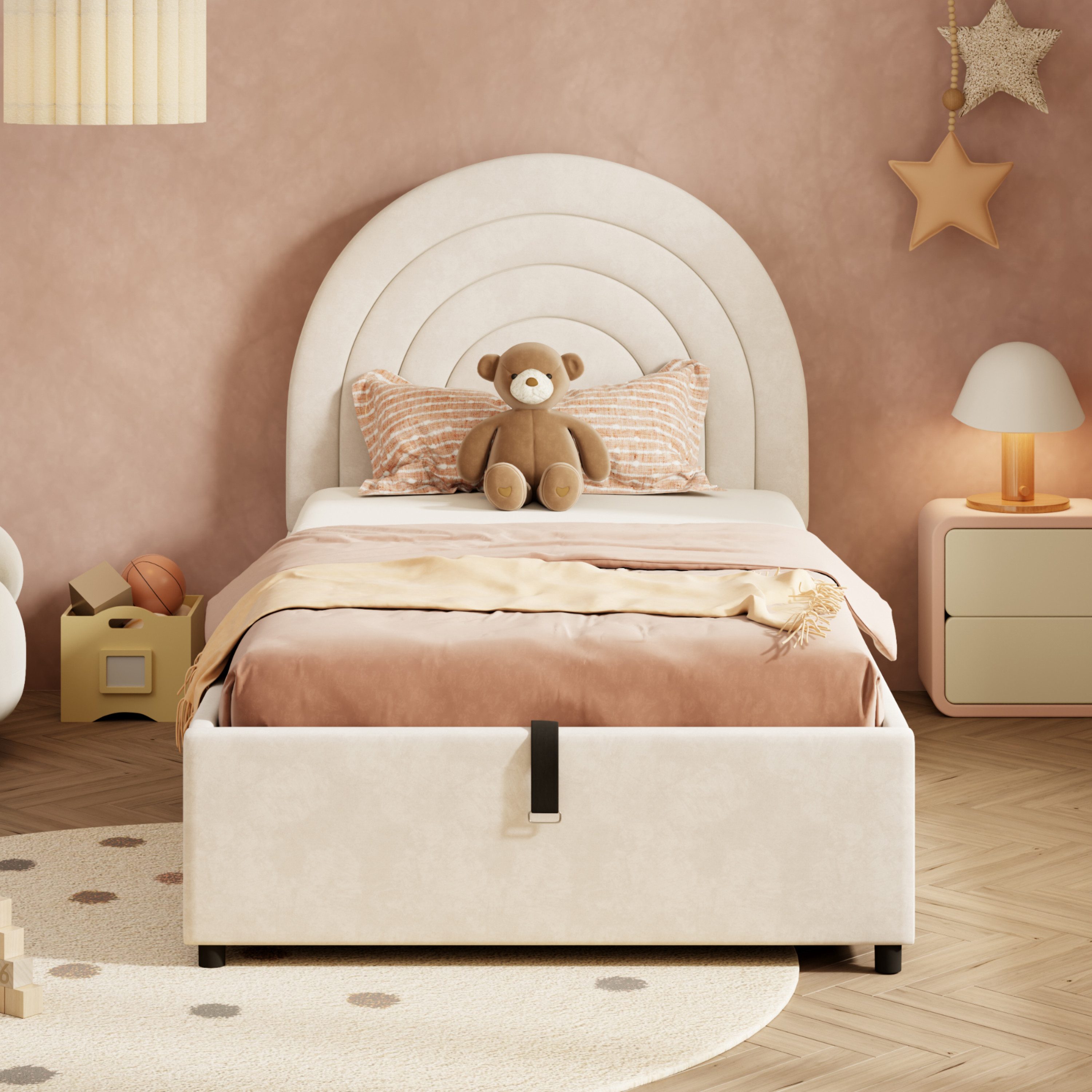 MODFU Polsterbett Stauraumbett Kinderbett mit gepolstertem Kopfteil (Einzelbett, Jugendbett, 1-tlg., 90*200 cm, ohne Matratze, Samt), mit hydraulischem Stauraum und geräuschdämpfenden Füßen
