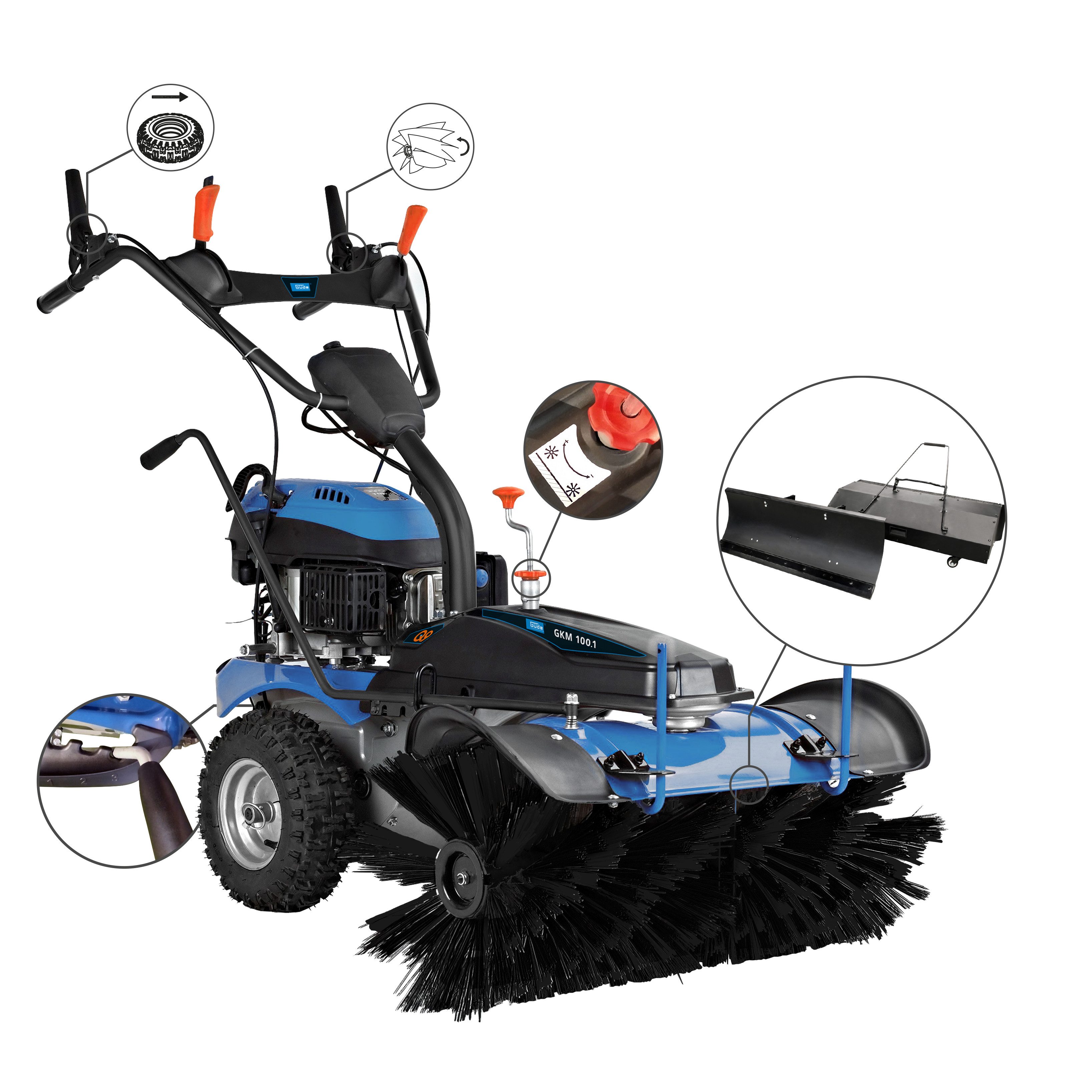 Güde Benzin-Kehrmaschine GKM 100.1, 100 cm Arbeitsbreite, inkl. Motorbesen, Schneeschieber und 72 l Auffangbehälter