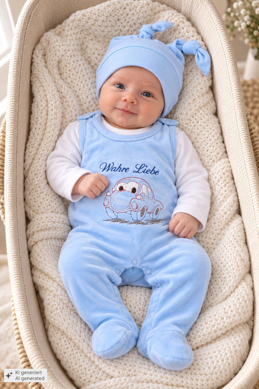 La Bortini Strampler Erstlingsset Strampler aus Velours Langarmshirt Mütze Baby Set (3-teilig, für Neugeborene) in weiß blau mit Auto Stickerei, 50 56 62 68 74