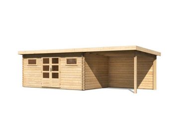 Karibu Gartenhaus Woodfeeling Bastrup mit Anbaudach und Rückwand, BxT: 554x333 cm, Beige