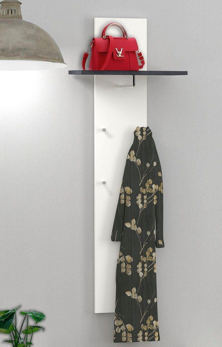 möbelando Garderobenpaneel Catania, Modernes Garderobenpaneel aus  Spanplatte in Weiß-Hochglanz / Schiefer matt mit 1 Hutablage, 1  Kleiderstange und 4 Haken. Breite 50 cm, Höhe 140 cm, Tiefe 27 cm | Garderobenpaneele