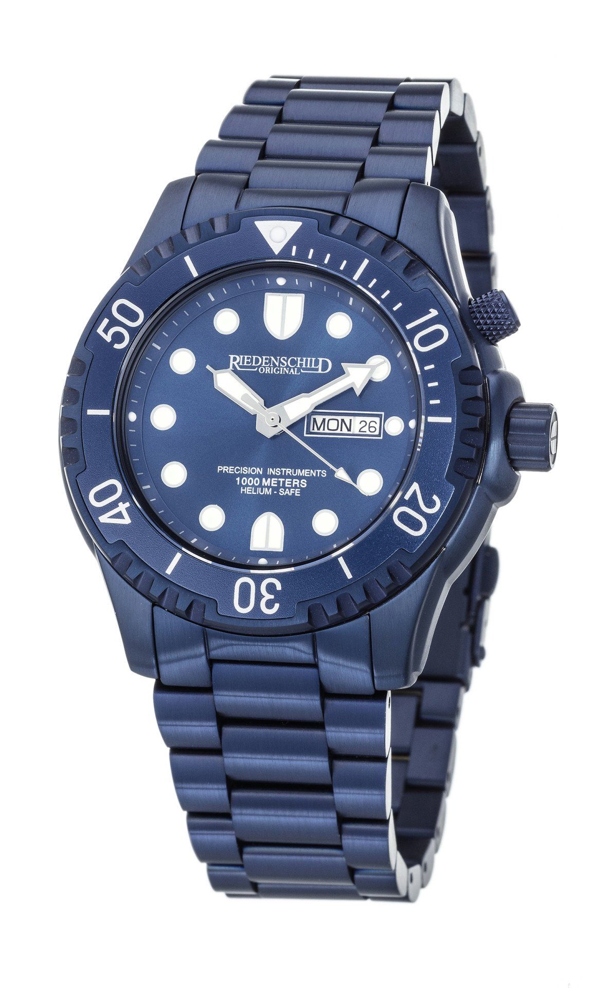 Riedenschild Taucheruhr RS8000-11, Blau, 100 ATM Wasserdicht, 46 mm, Silikon- & Edelstahlband, Heliumventil, Robuste Armbanduhr für Tauchen und Sport