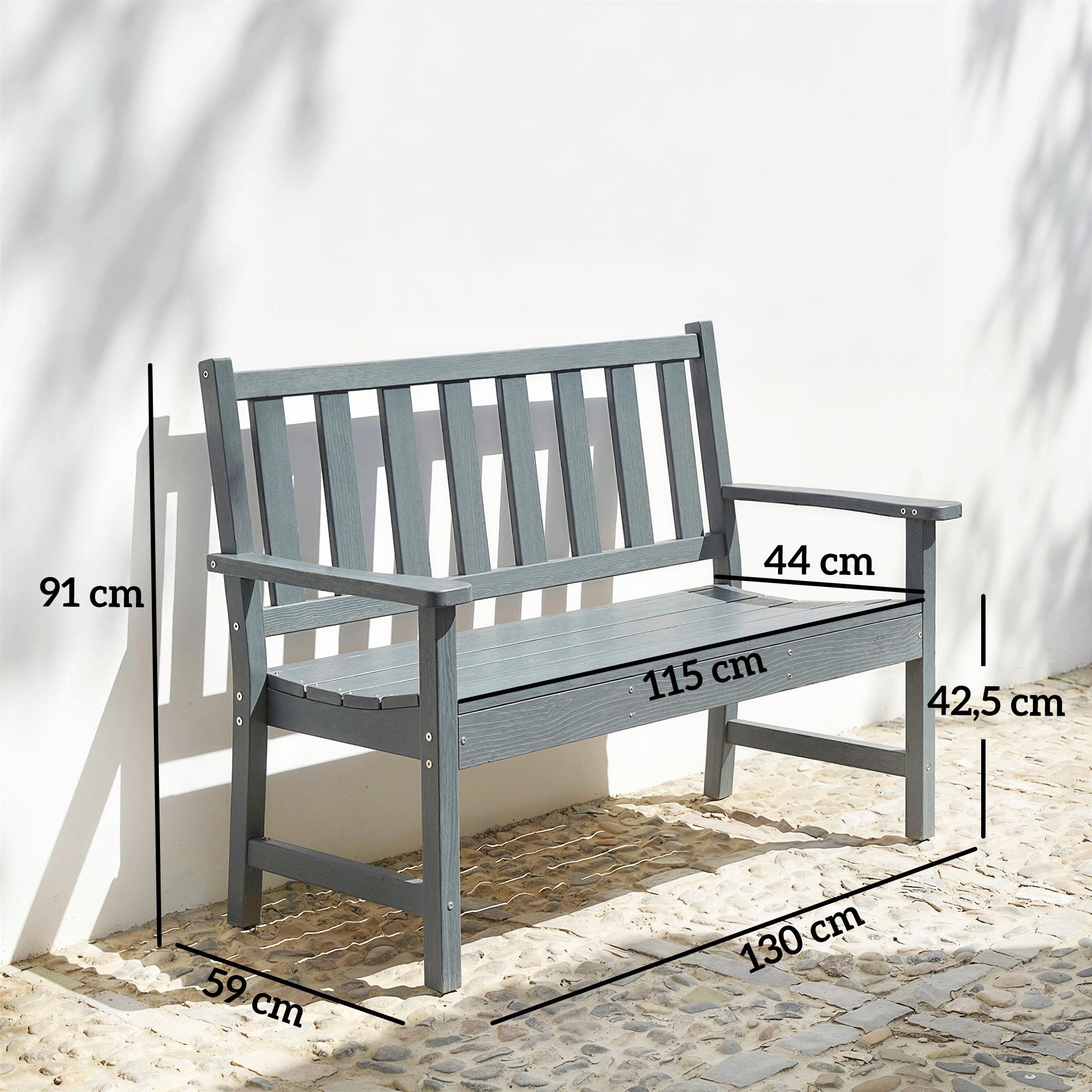 Outsunny Gartenbank wetterfest Kunststoff mit Lamelldesign Holzoptik bis 240kg (Balkonbank, 1-St., Outdoor Sitzbank), für Garten Park 130 x 59 x 91cm Grau
