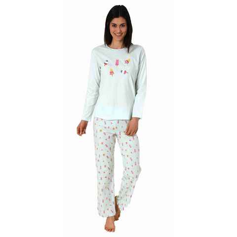 Normann Pyjama Damen Schlafanzug lang mit süssen Motiv, Pyjamahose allover bedruckt