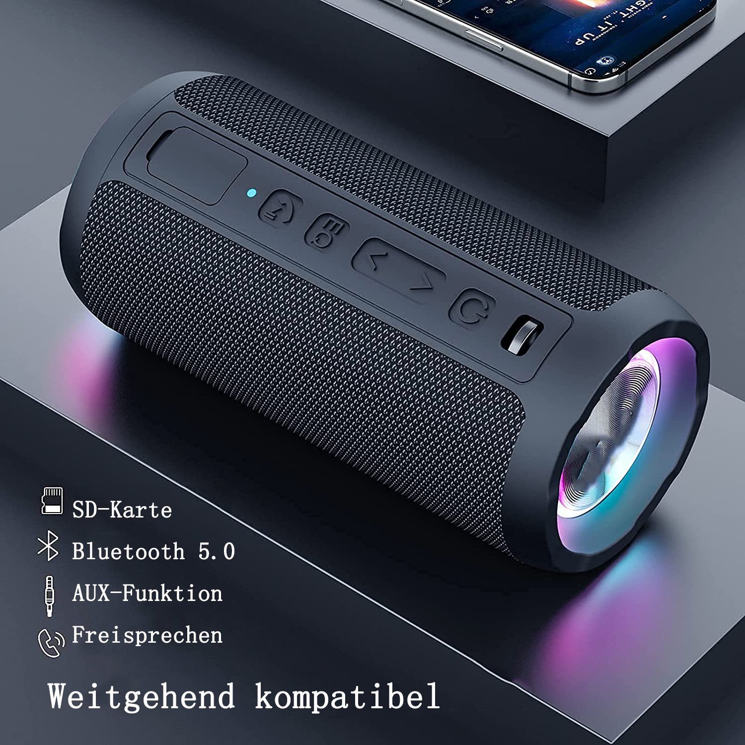 GelldG Bluetooth Box Lautsprecher Bluetooth Musikbox Licht, Tragbarer Bluetooth-Lautsprecher mit