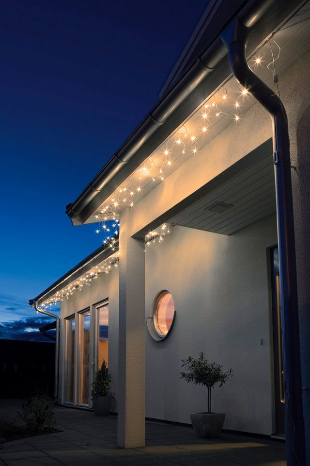 KONSTSMIDE LED-Lichtervorhang Weihnachtsdeko aussen, LED  Dachrinnenlichterkette, Bogenform, Außentrafo, weißes Kabel