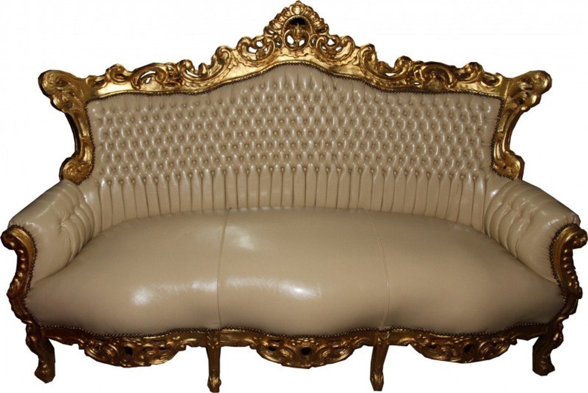 Casa Padrino 3-Sitzer Barock 3er Sofa Master Creme Lederoptik / Gold - Antik Stil Möbel